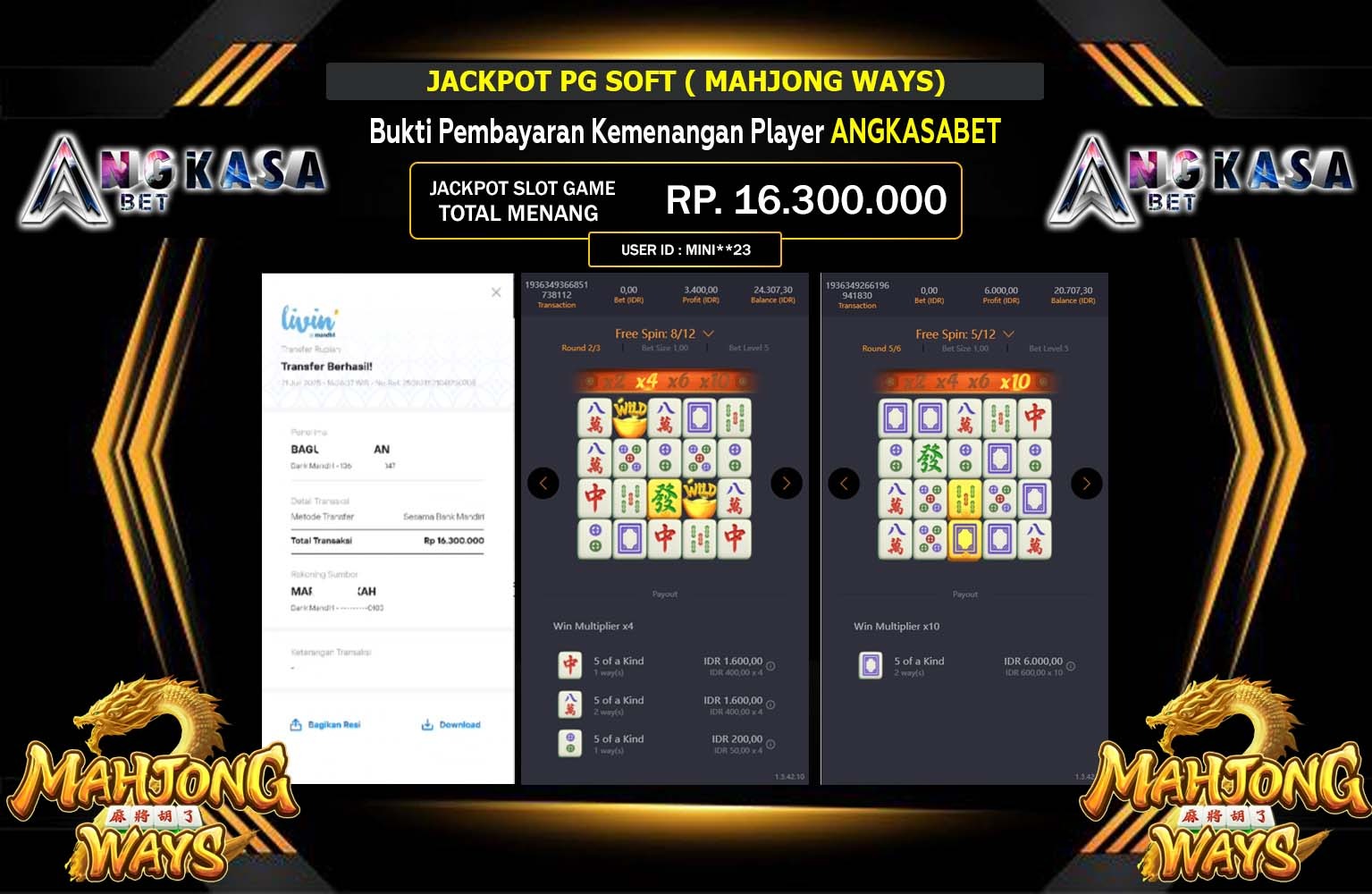 ANGKASABET JACKPOT PG SOFT MAHJONG WAYS Rp.16.300.000,- LUNAS
