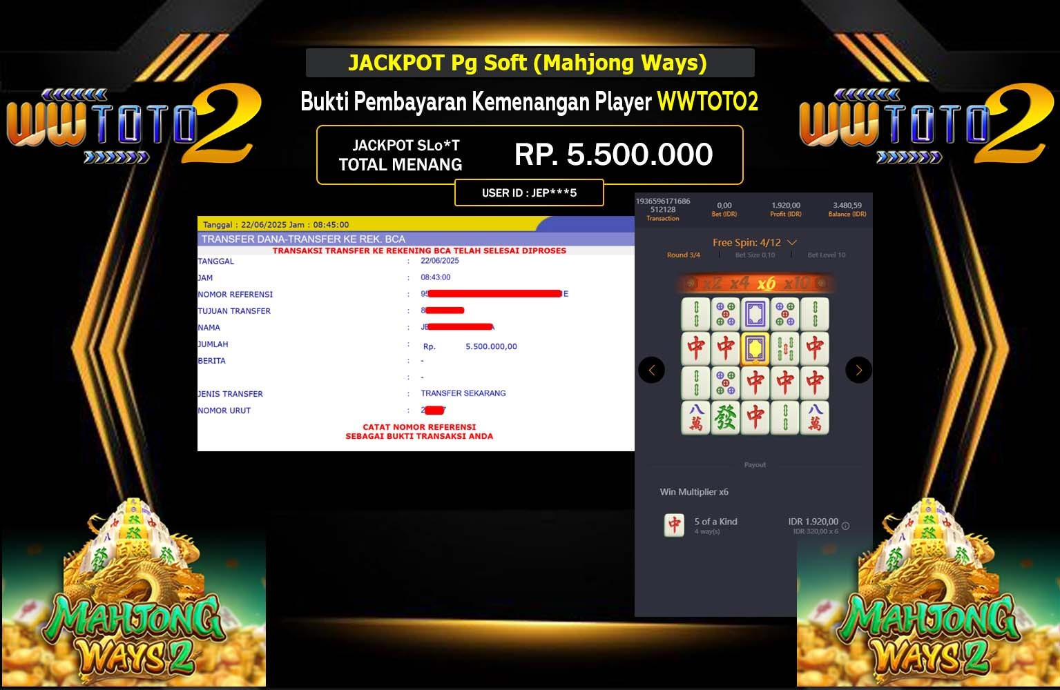 WWTOTO2 JACKPOT PG SOFT MAHJONG WAYS 2 Rp.5.500.000,- LUNAS