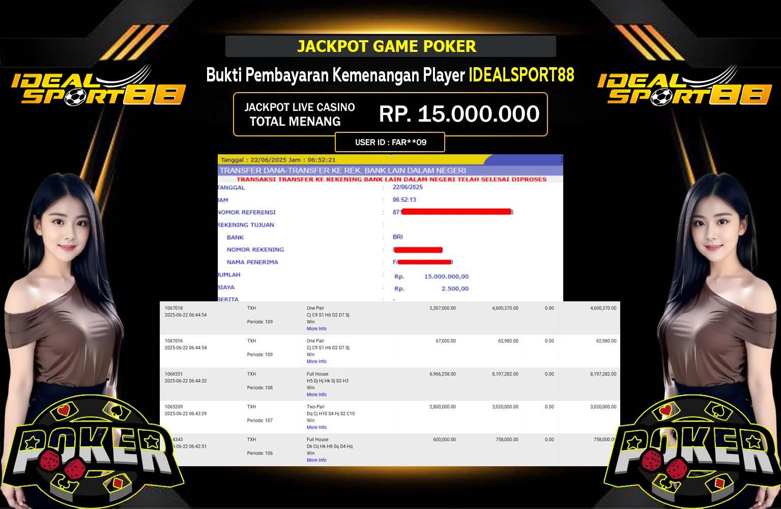 IDEALSPORT88 JACKPOT POKER Rp.15.000.000,- LUNAS
