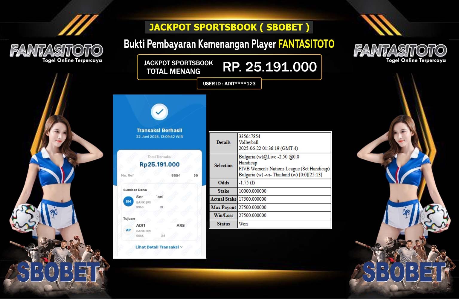 FANTASITOTO JACKPOT SPORTSBOOK SBOBET Rp.25.191.000,- LUNAS