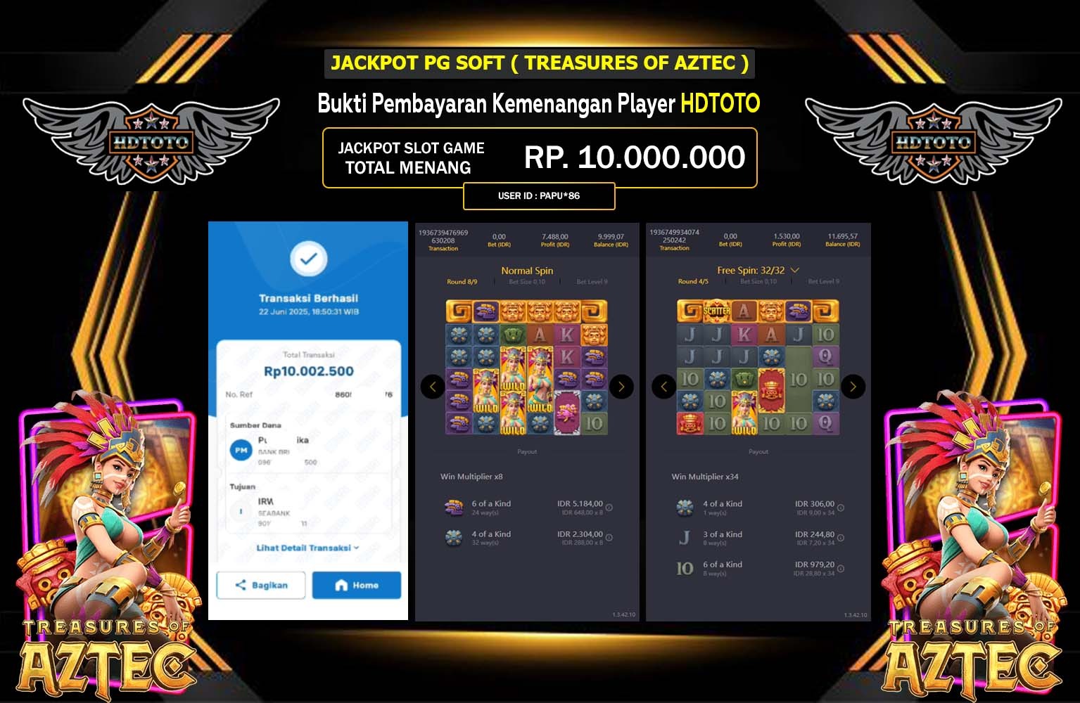 HDTOTO JACKPOT Pg Soft (Treasures of Aztec) Rp.10.000.000,- LUNAS