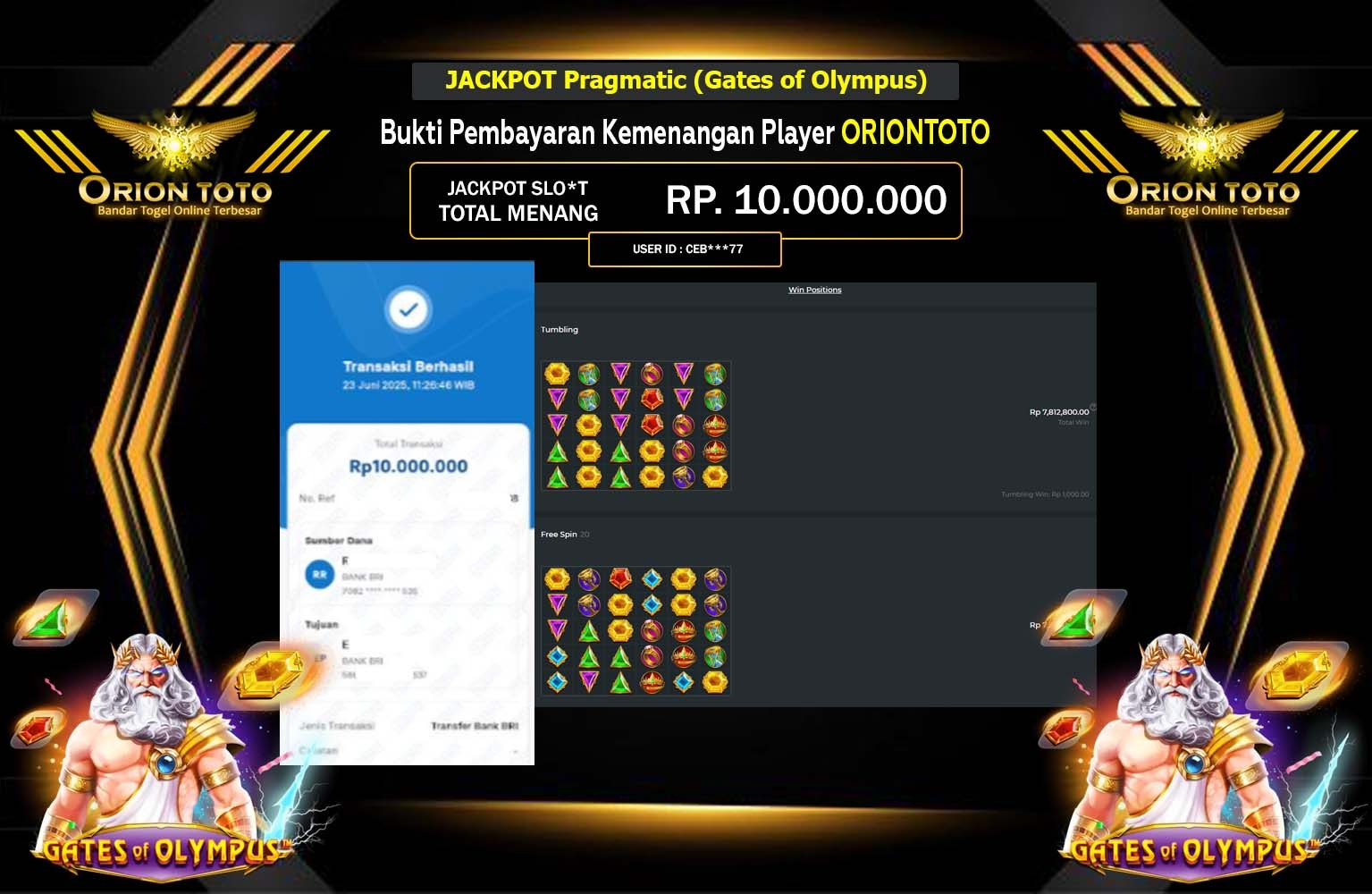 ORIONTOTO JACKPOT Pragmatic (Gates of Olympus ) Rp.10.000.000,- LUNAS