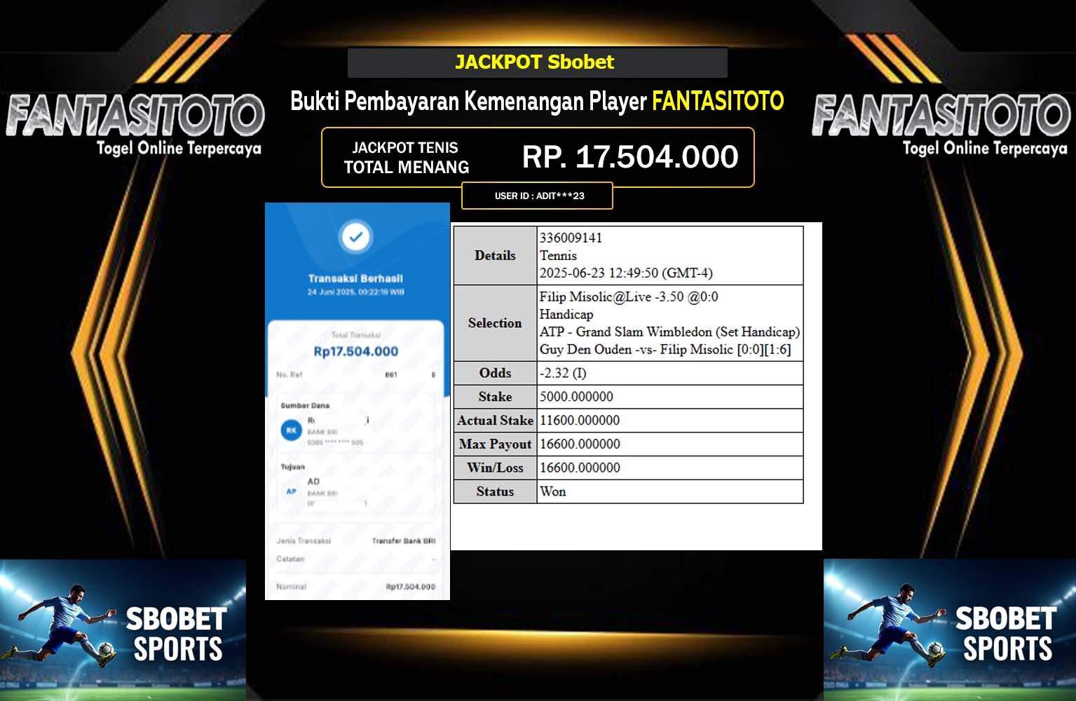 FANTASITOTO JACKPOT SPORTSBOOK SBOBET Rp.17.504.000,- LUNAS