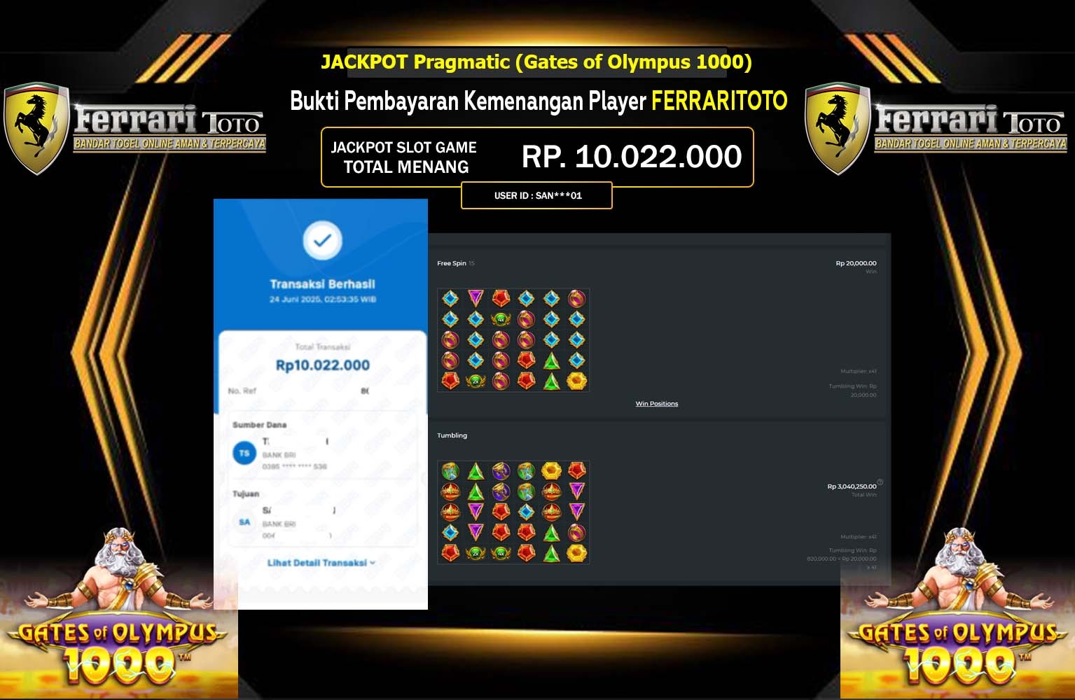 FERRARITOTO JACKPOT Pragmatic (Gates of Olympus 1000) Rp.10.022.000,- LUNAS
