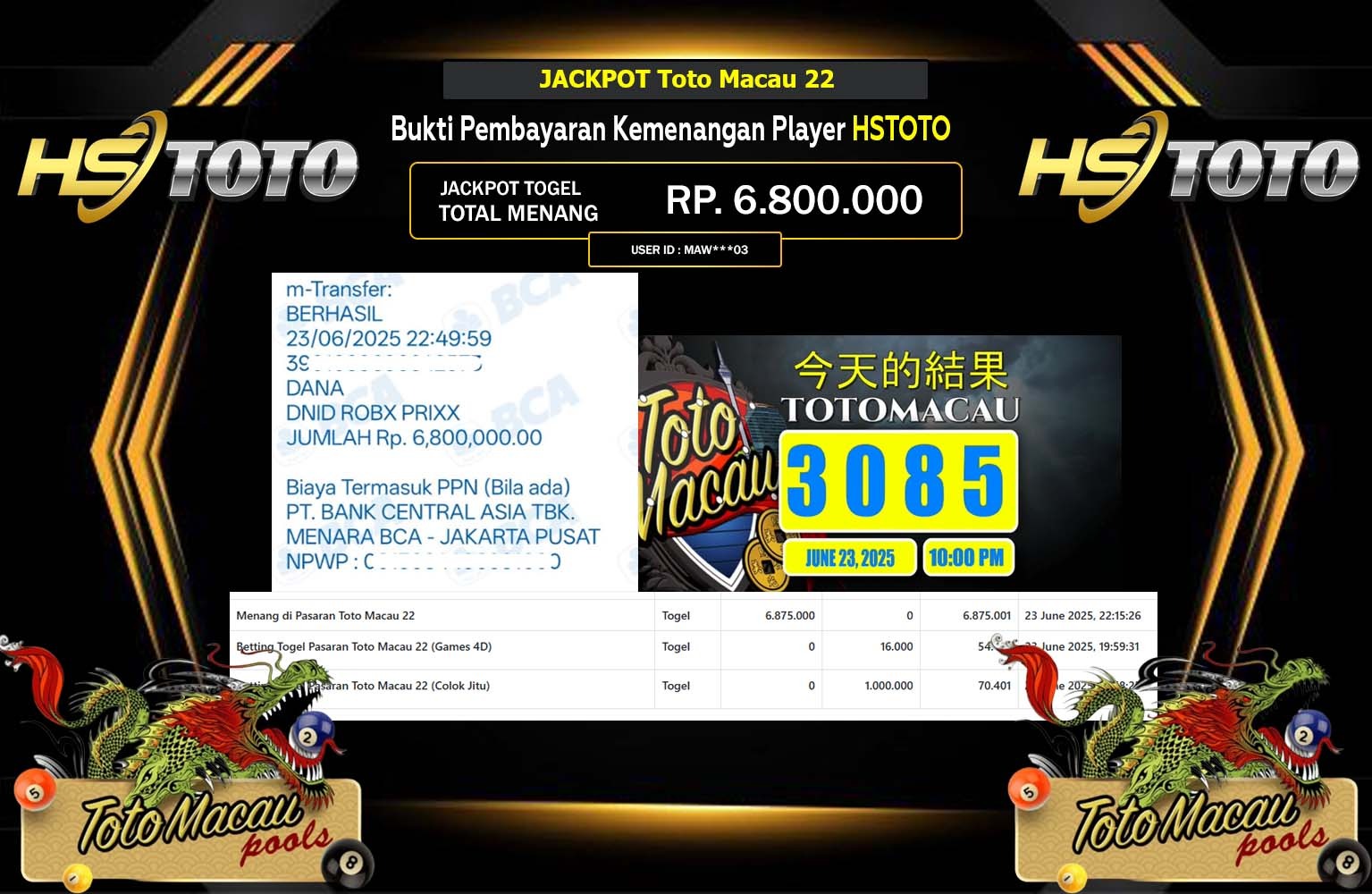 HSTOTO JACKPOT PASARAN TOTO MACAU 22 Rp.6.800.000,- LUNAS