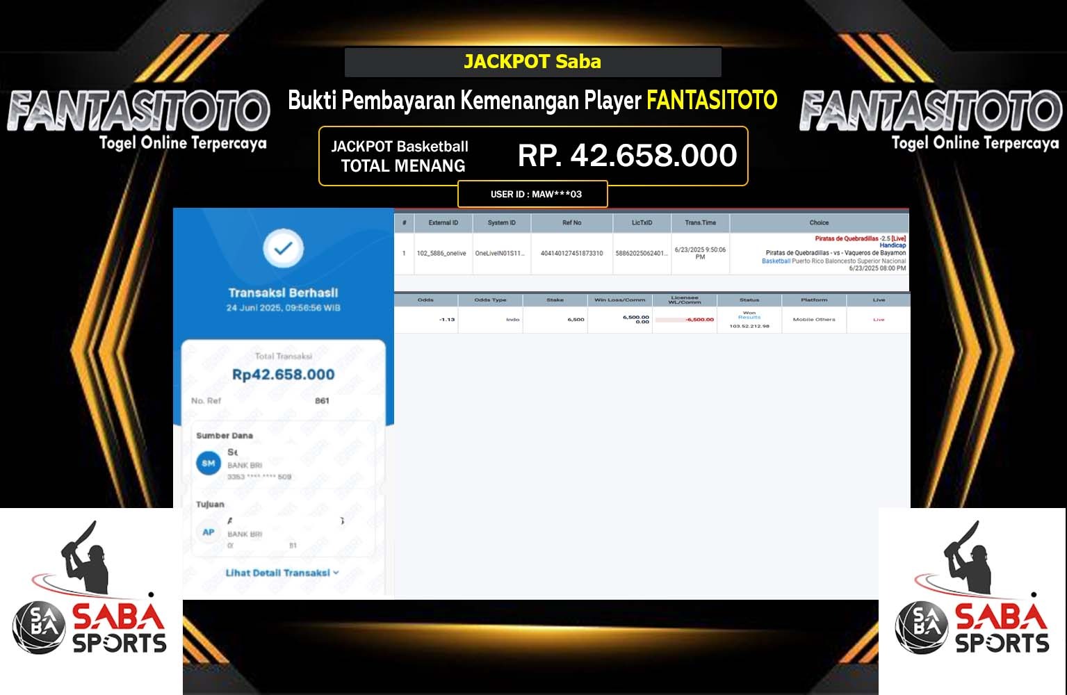 FANTASITOTO JACKPOT SABA SPORTS Rp.42.658.000,- LUNAS