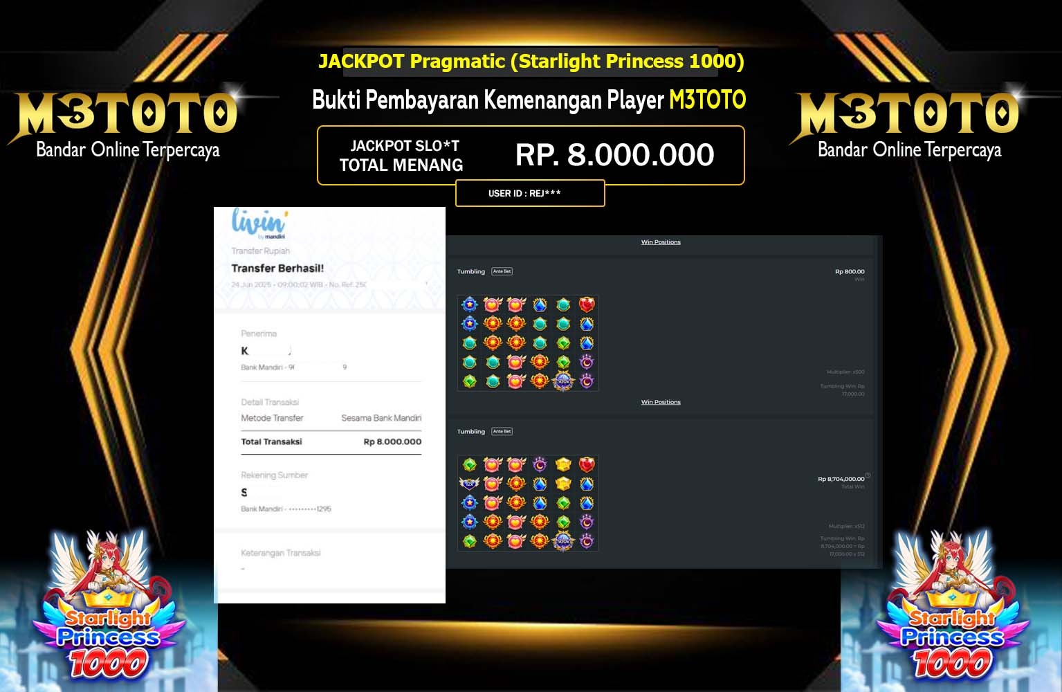 M3TOTO JACKPOT Pragmatic (Starlight Princess 1000) Rp.8.000.000,- LUNAS