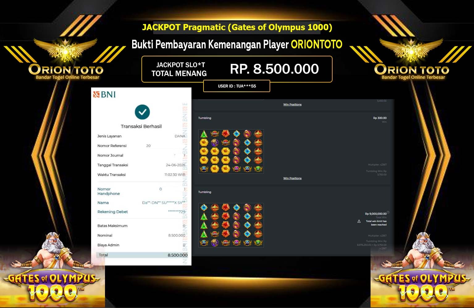 ORIONTOTO JACKPOT Pragmatic (Gates of Olympus 1000 ) Rp.8.500.000,- LUNAS