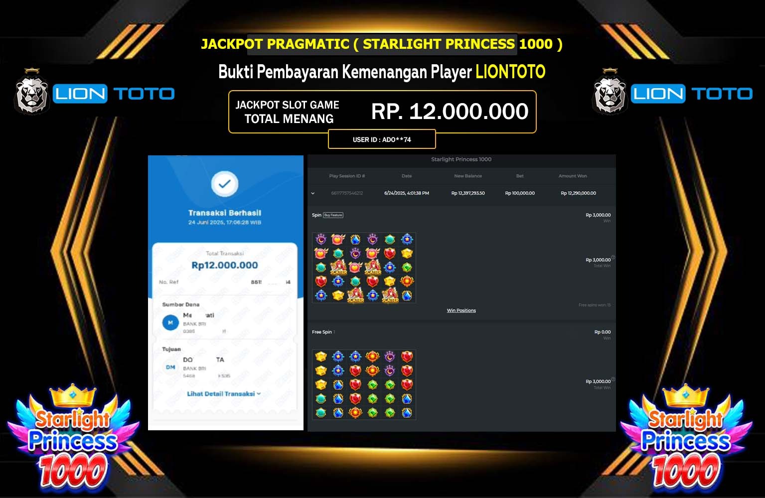 LIONTOTO JACKPOT PRAGMATIC STARLIGHT PRINCESS 1000 Rp.12.000.000,- LUNAS