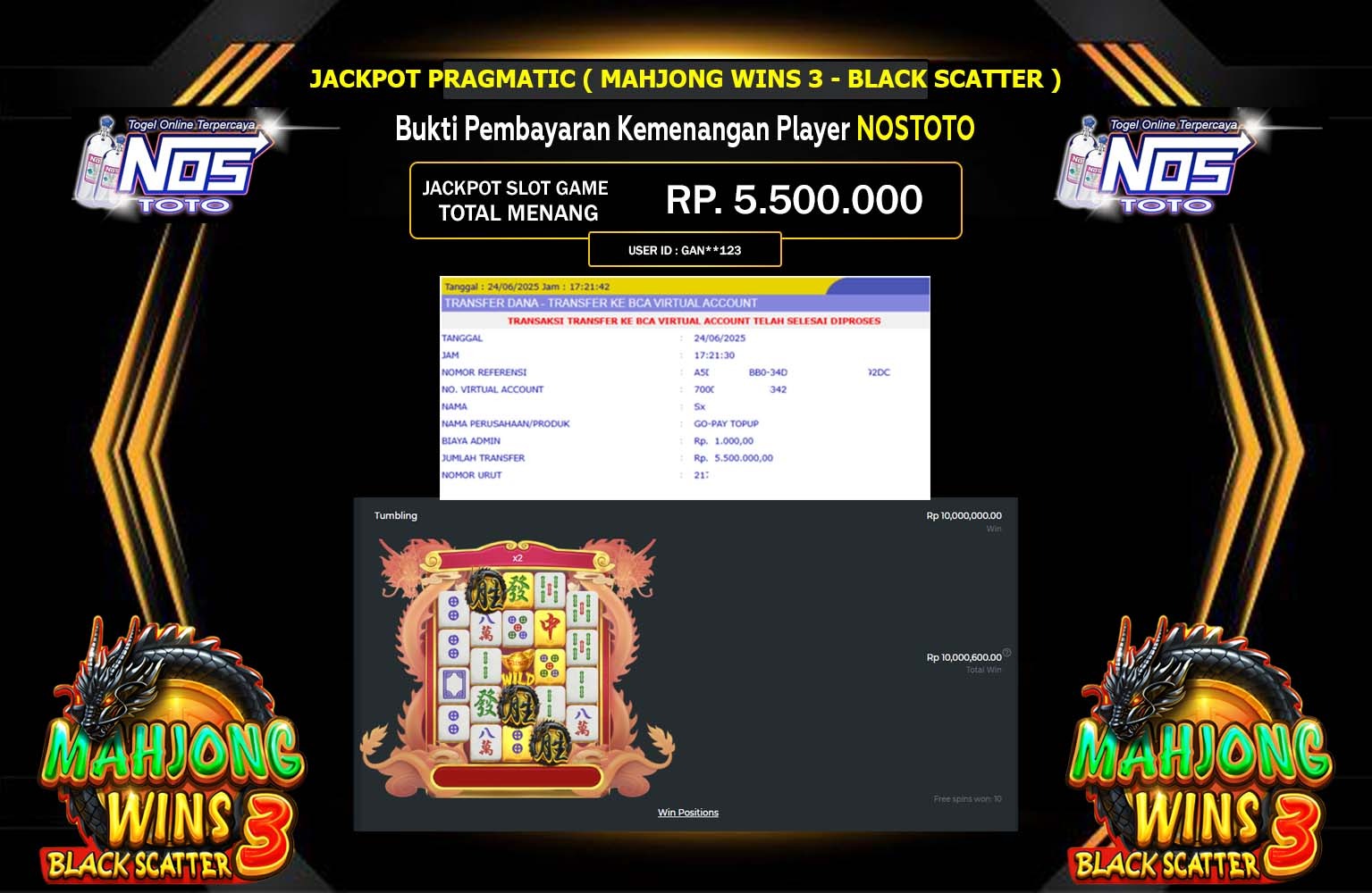 NOSTOTO JACKPOT Pragmatic (Mahjong Wins 3 - Black Scatter) Rp.5.500.000,- LUNAS