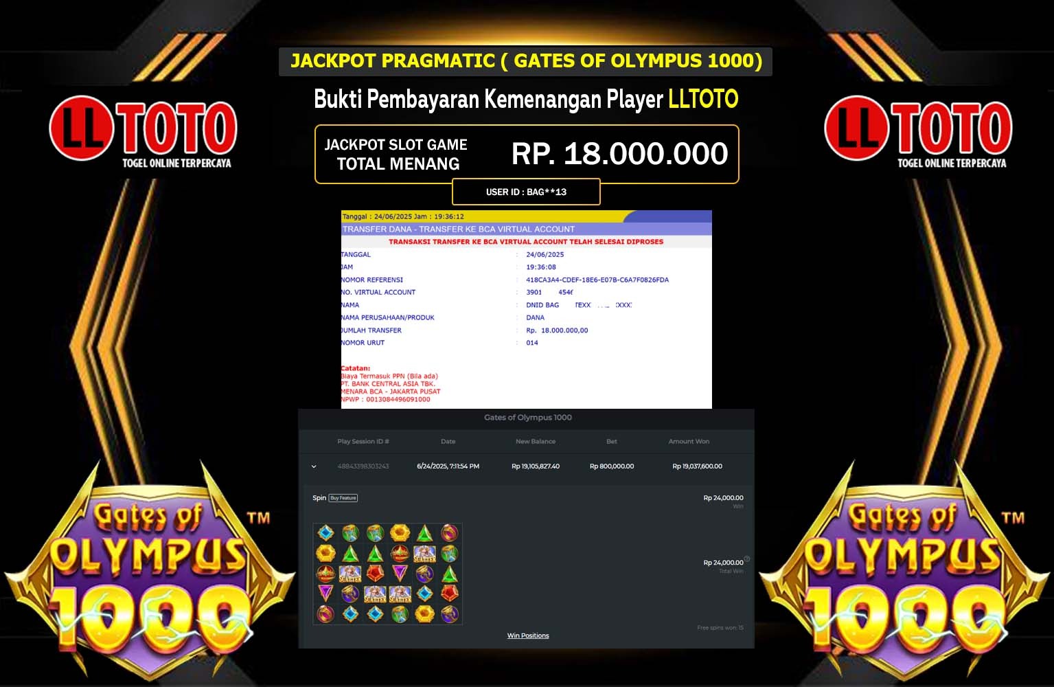 LLTOTO JACKPOT Pragmatic (Gates of Olympus 1000) Rp.18.000.000,- LUNAS