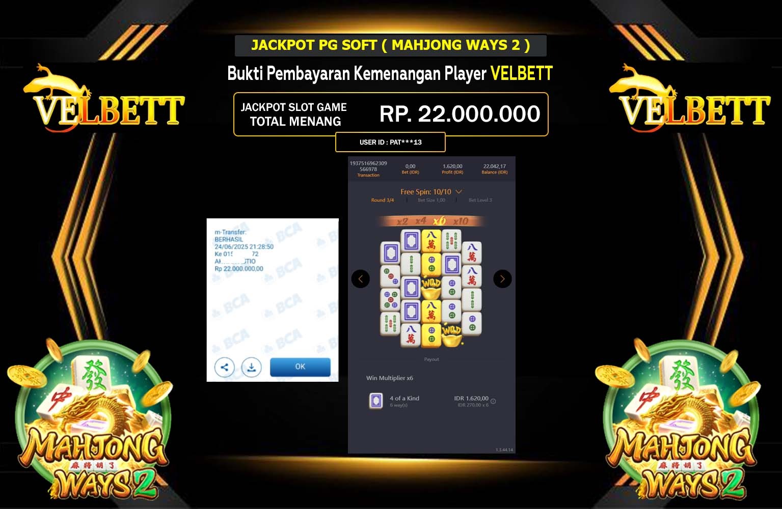 VELBETT JACKPOT PG SOFT MAHJONG WAYS 2 Rp.22.000.000,- LUNAS