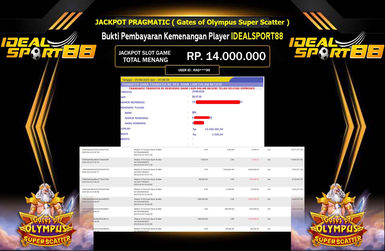 IDEALSPORT88 JACKPOT Pragmatic (Gates of Olympus Super Scatter) Rp.14.000.000,- LUNAS