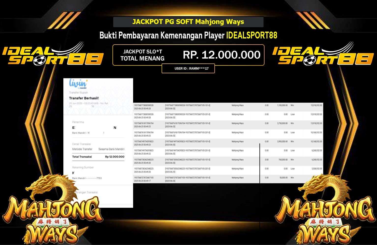 IDEALSPORT88 JACKPOT PG SOFT MAHJONG WAYS  Rp.12.000.000,- LUNAS