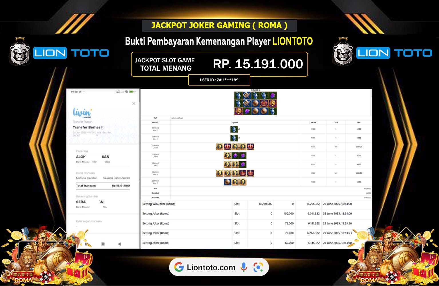 LIONTOTO JACKPOT JOKERGAMING ( ROMA ) Rp.15.191.000,- LUNAS
