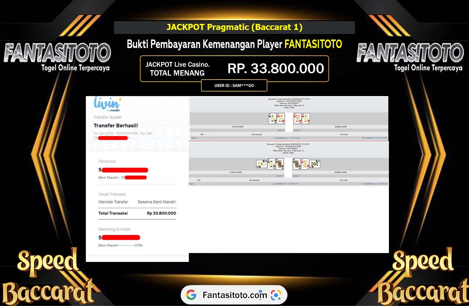 FANTASITOTO JACKPOT Pragmatic (Baccarat 1) Rp.33.800.000,- LUNAS