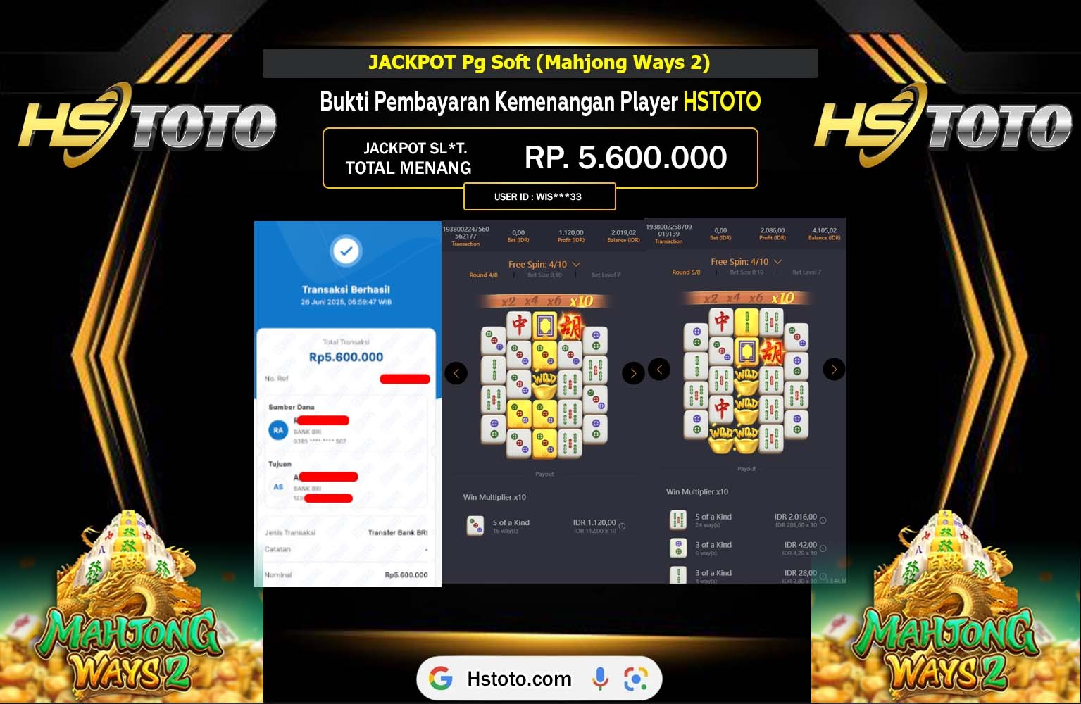 HSTOTO JACKPOT Pg Soft (Mahjong Ways 2) Rp.5.600.000,- LUNAS