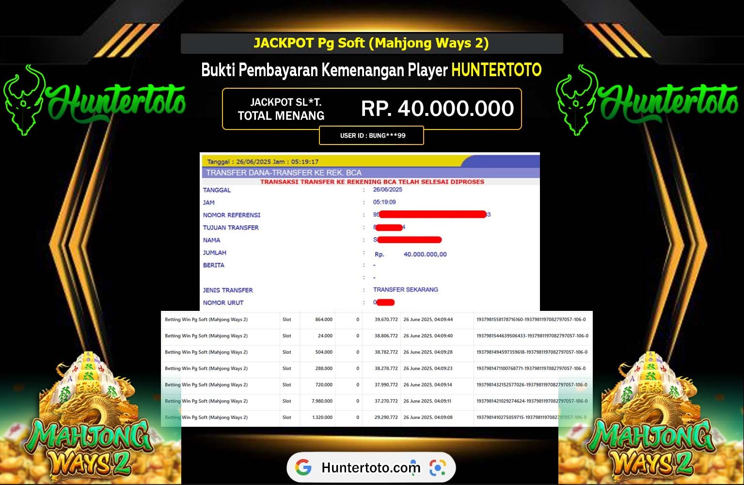 HUNTERTOTO JACKPOT PG SOFT MAHJONG WAYS 2 Rp.40.000.000,- LUNAS