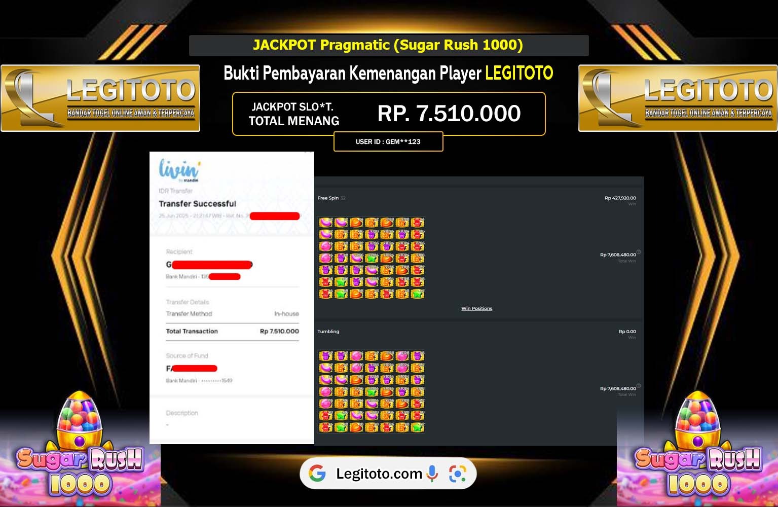 LEGITOTO JACKPOT Pragmatic (Sugar Rush 1000)  Rp.7.510.000,- LUNAS