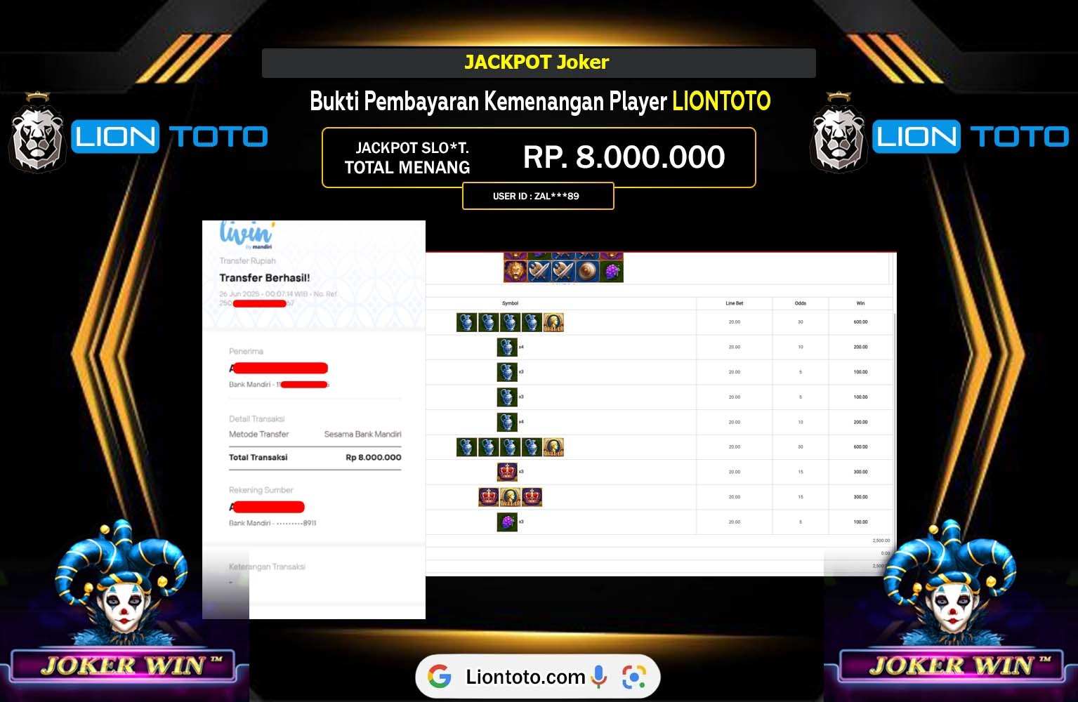 LIONTOTO JACKPOT JOKERGAMING ( ROMA ) Rp.8.000.000,- LUNAS