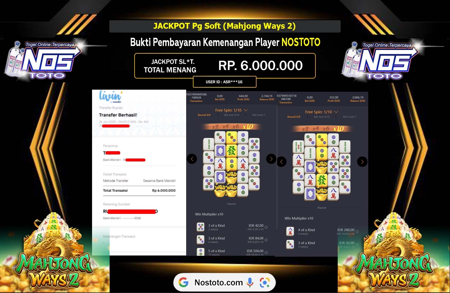 NOSTOTO JACKPOT Pg Soft (Mahjong Ways 2)  Rp.6.000.000,- LUNAS