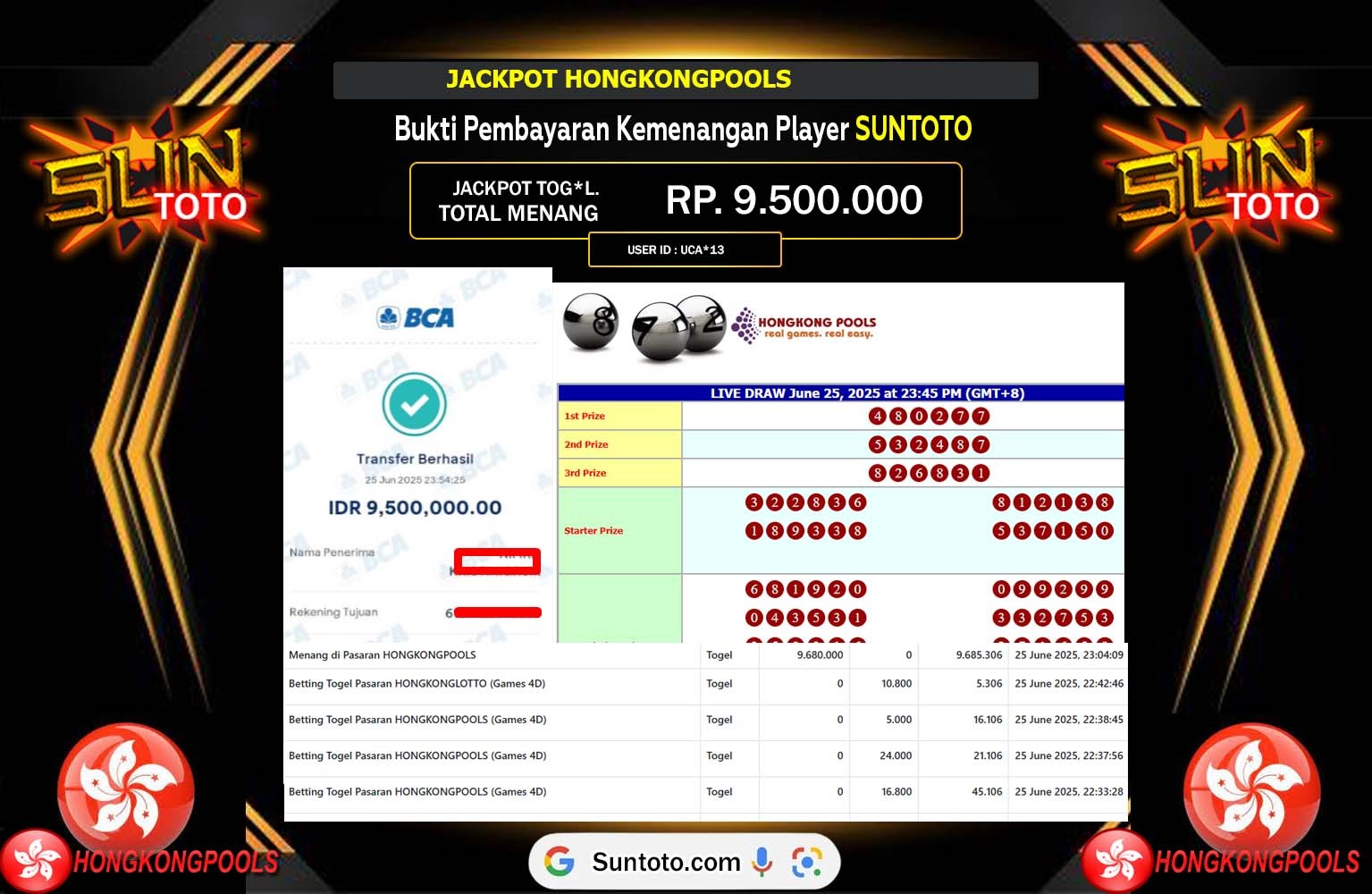 SUNTOTO JACKPOT PASARAN HONGKONGPOOLS Rp.9.500.000,- LUNAS