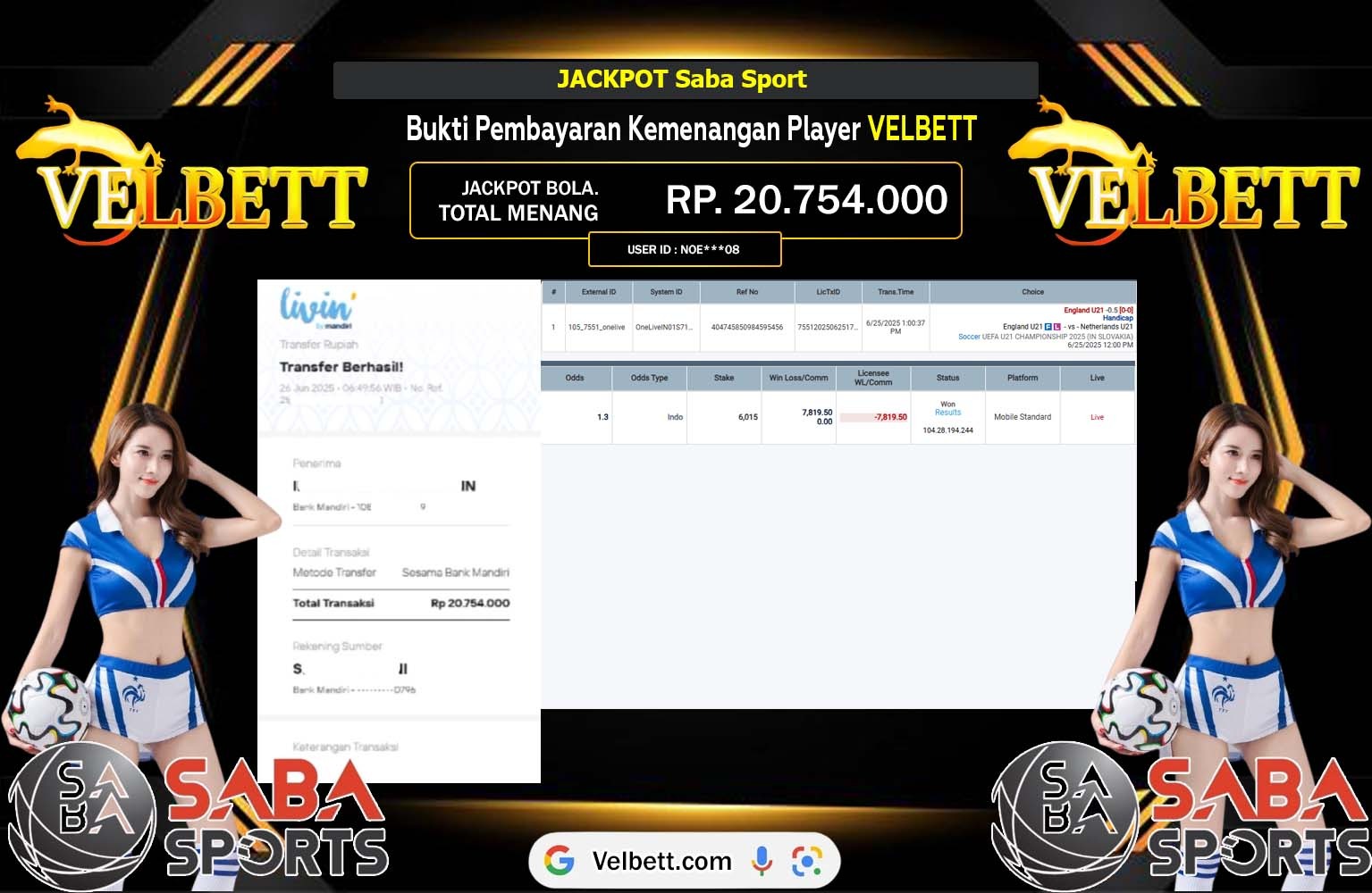 VELBETT JACKPOT SABA SPORT Rp.20.754.000,- LUNAS
