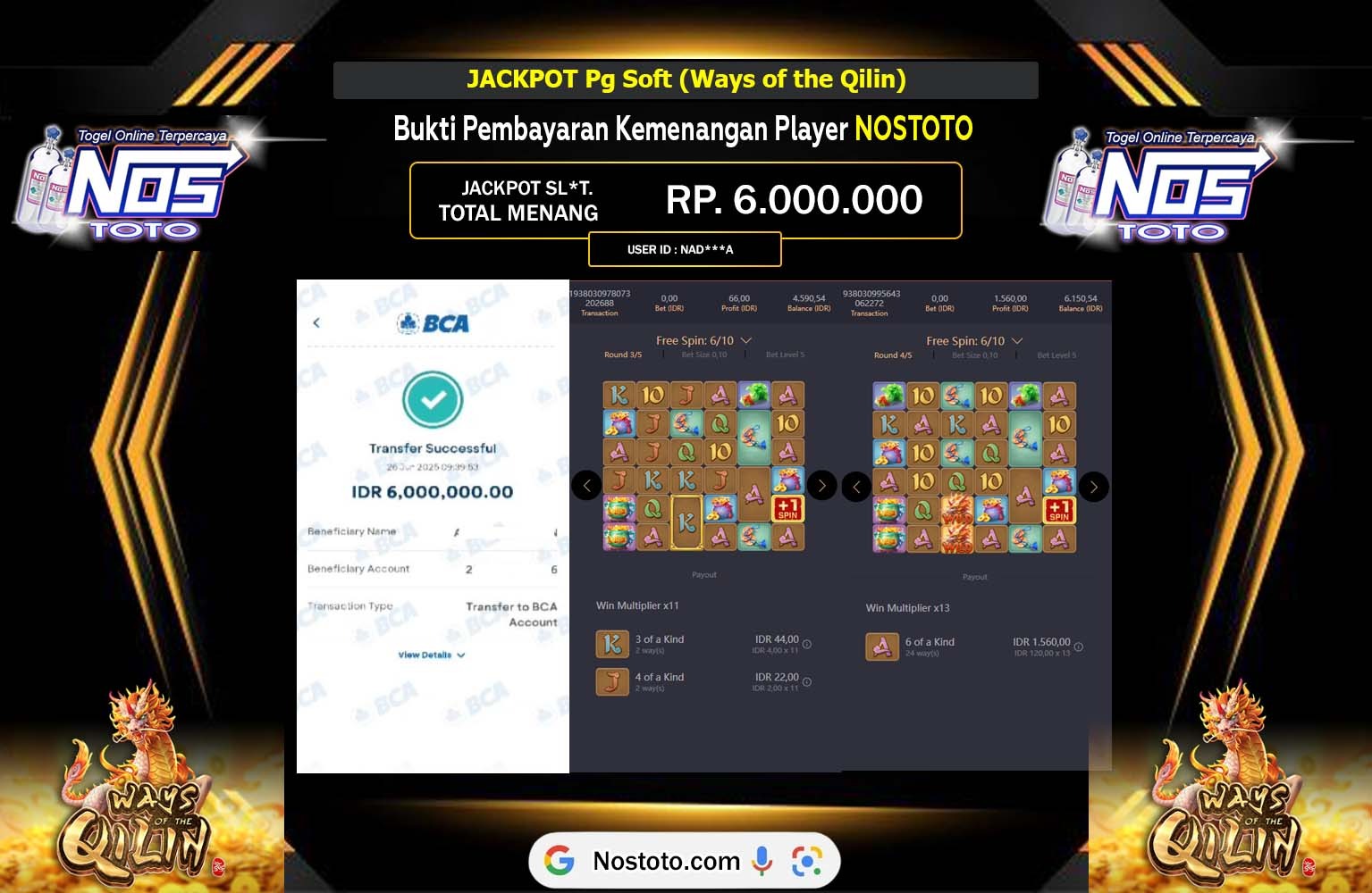 NOSTOTO JACKPOT Pg Soft (Ways of the Qilin) Rp.6.000.000,- LUNAS