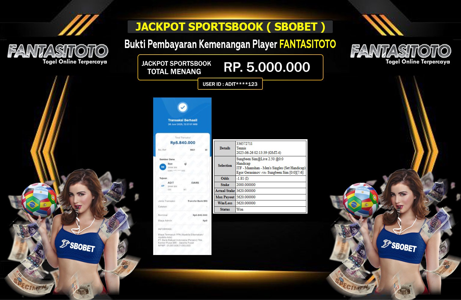 PILARTOTO JACKPOT SPORTSBOOK SBOBET Rp.5.000.000,- LUNAS
