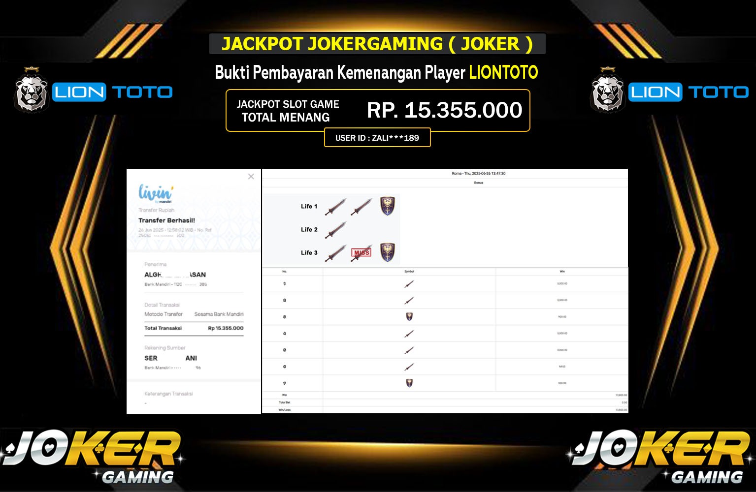 LIONTOTO JACKPOT JOKER ( ROMA ) Rp.15.355.000,- LUNAS