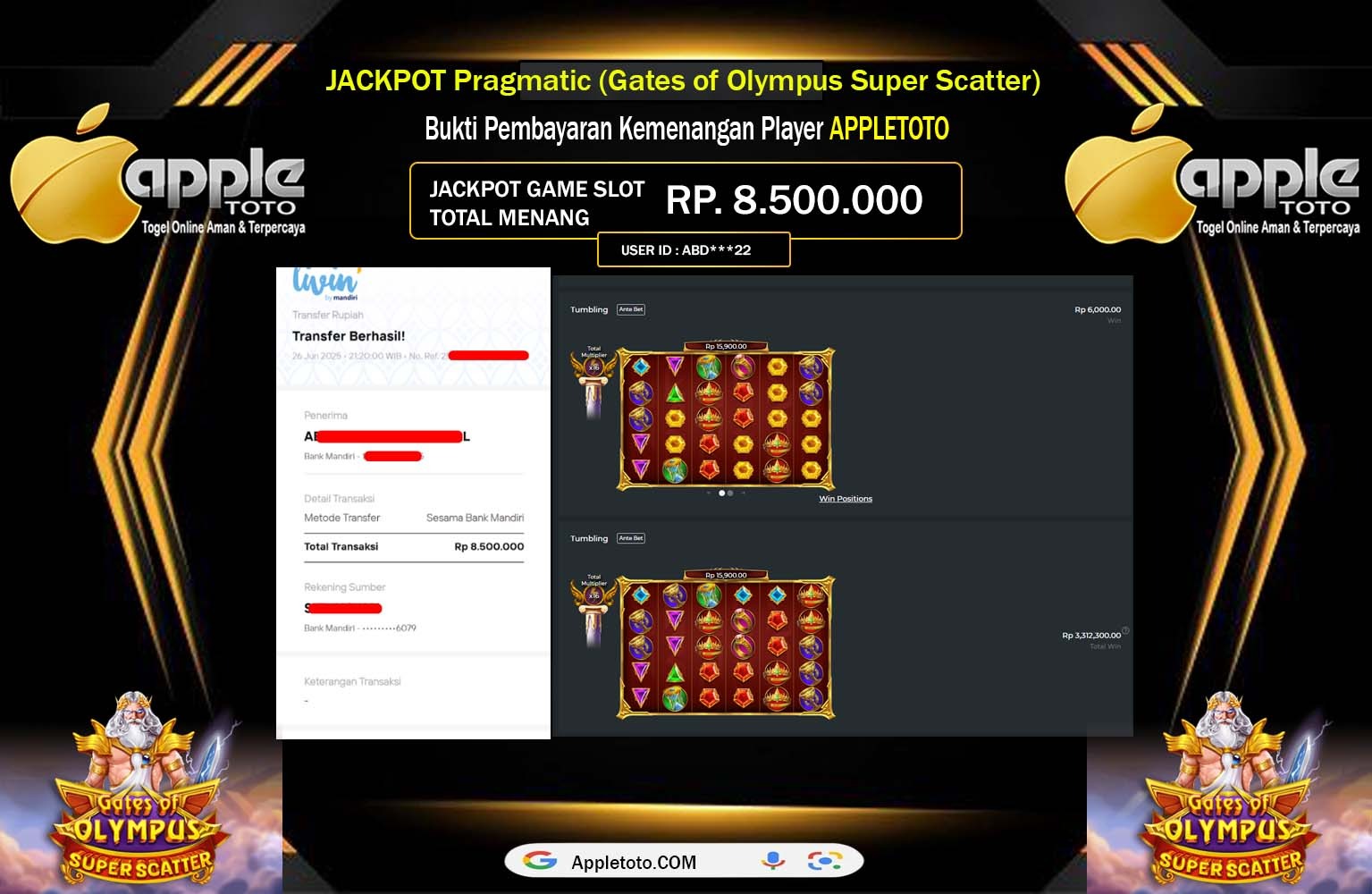 APPLETOTO JACKPOT Pragmatic (Gates of Olympus Super Scatter) Rp.8.500.000,- LUNAS