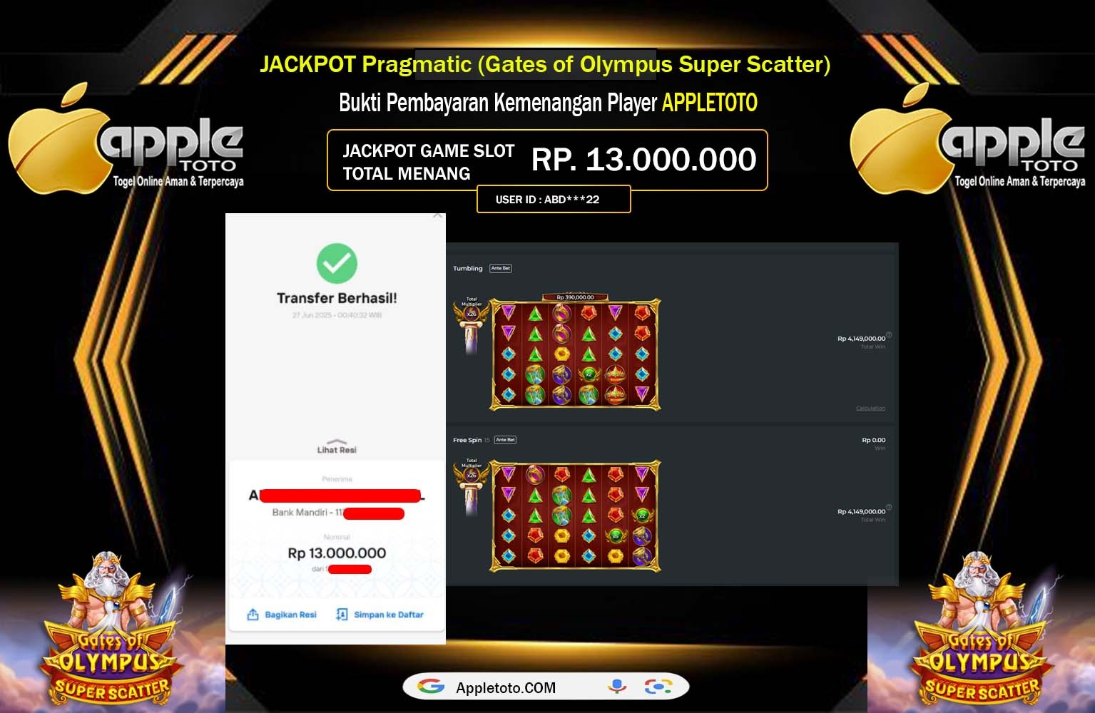 APPLETOTO JACKPOT Pragmatic (Gates of Olympus Super Scatter) Rp.13.000.000,- LUNAS