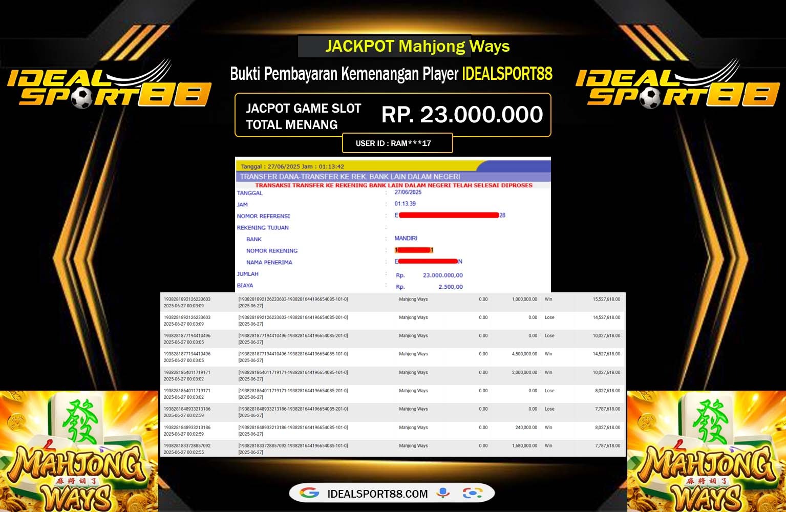 IDEALSPORT88 JACKPOT PG SOFT MAHJONG WAYS Rp.23.000.000,- LUNAS
