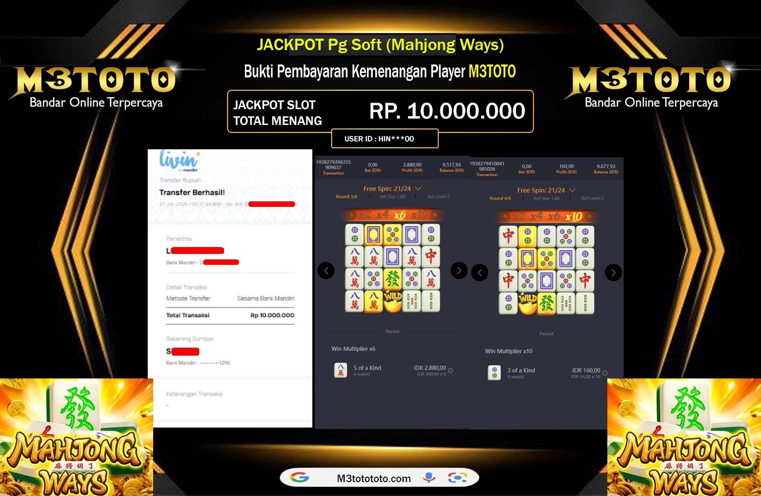 M3TOTO JACKPOT Pg Soft (Mahjong Ways) Rp.10.000.000,- LUNAS