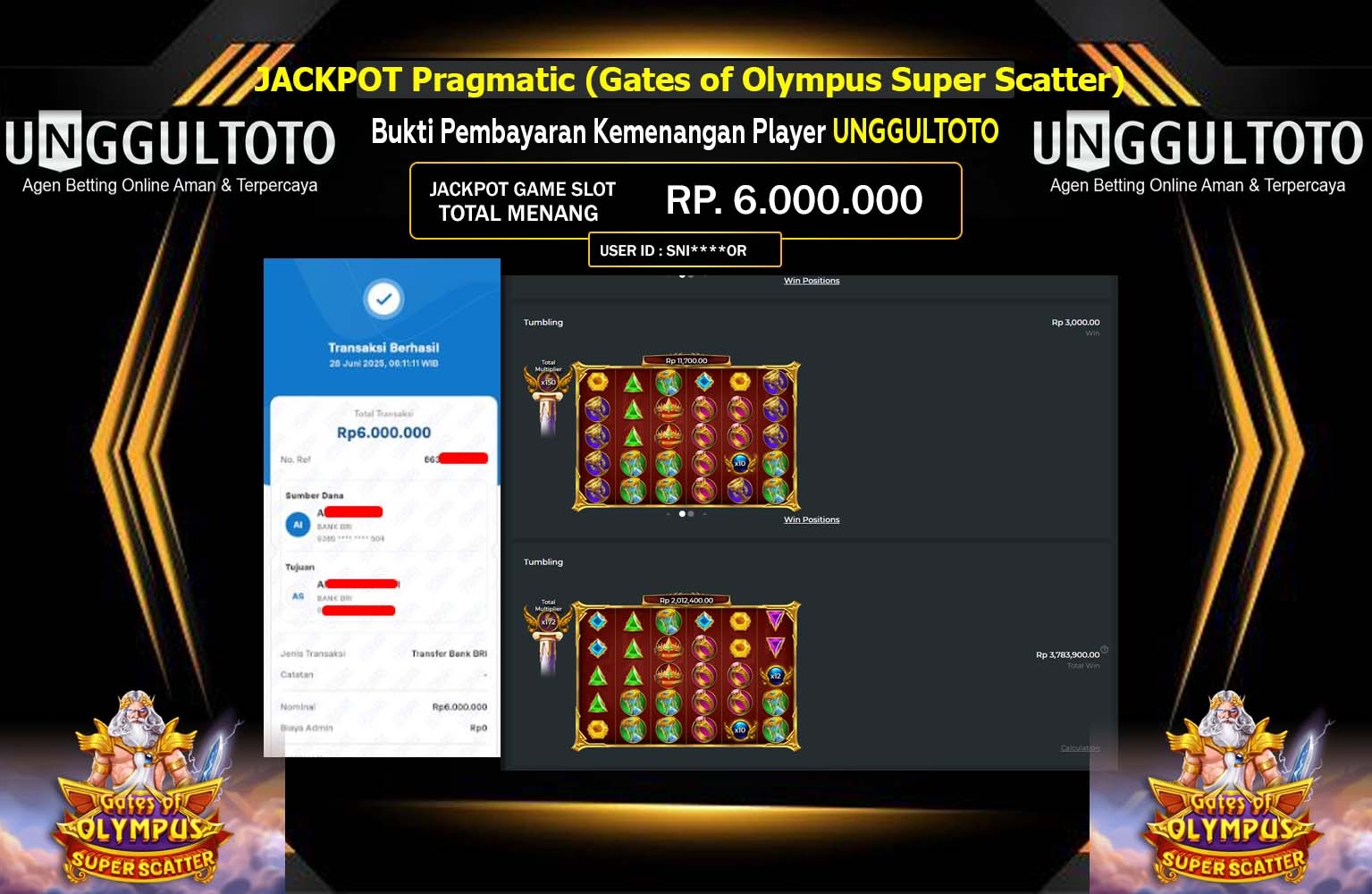 UNGGULTOTO JACKPOT Pragmatic (Gates of Olympus Super Scatter) Rp.6.000.000,- LUNAS