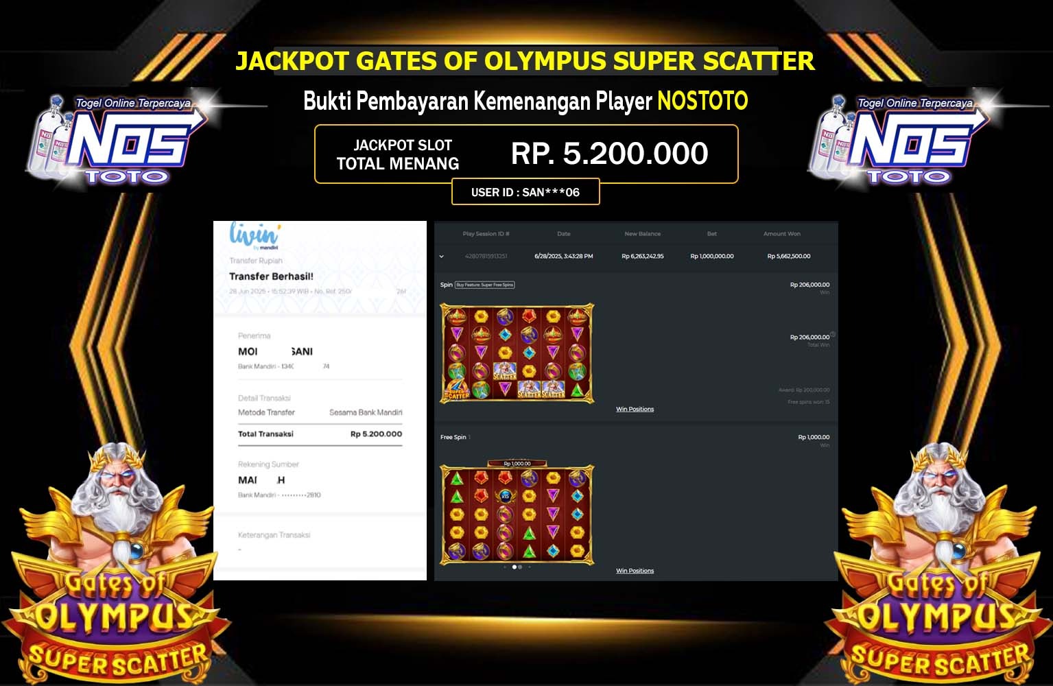 NOSTOTO JACKPOT PRAGMATIC GATES OF OLYMPUS SUPER SCATTER  Rp.5.200.000,- LUNAS