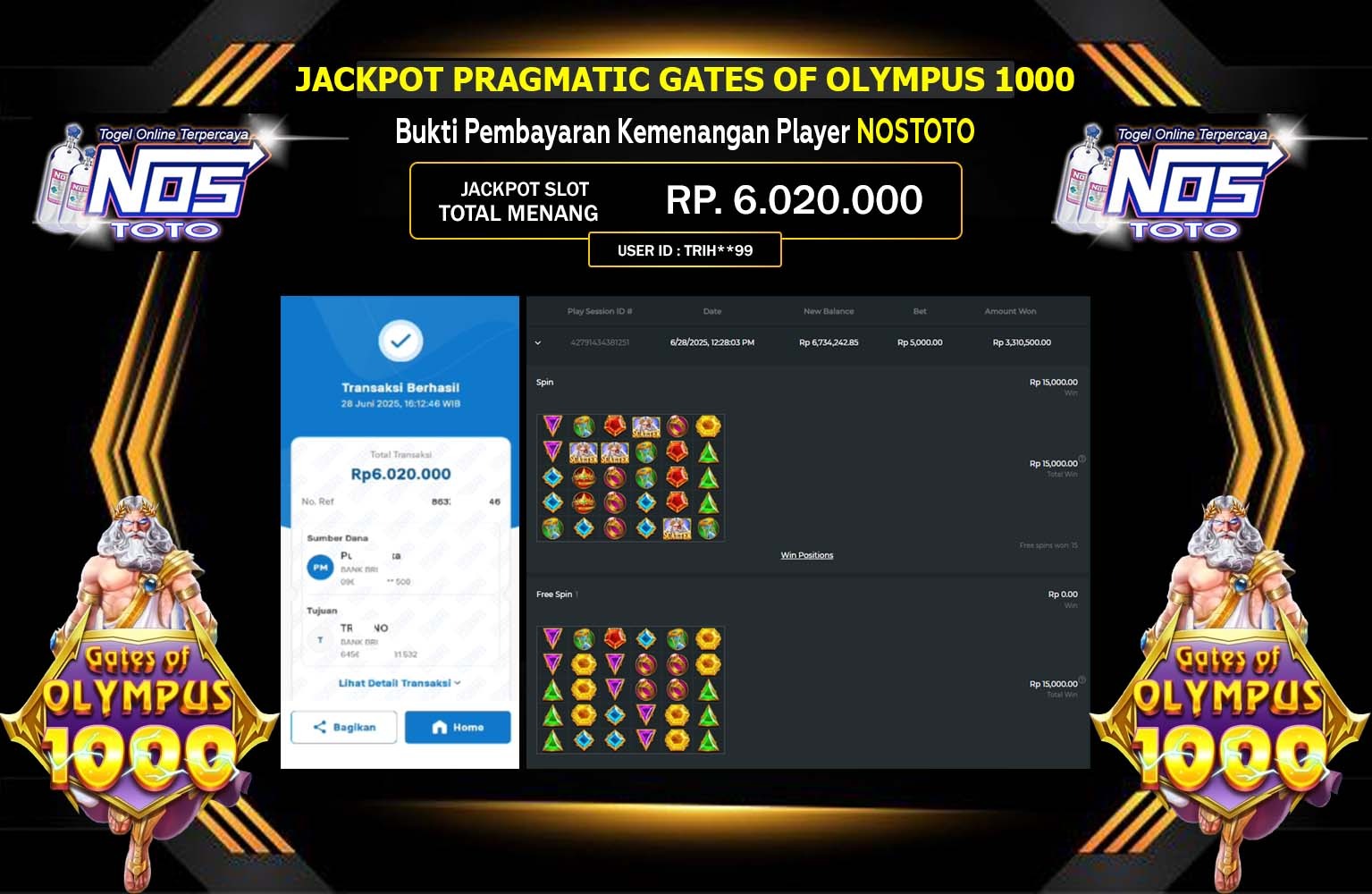 NOSTOTO JACKPOT PRAGMATIC GATES OF OLYMPUS 1000  Rp.6.020.000,- LUNAS
