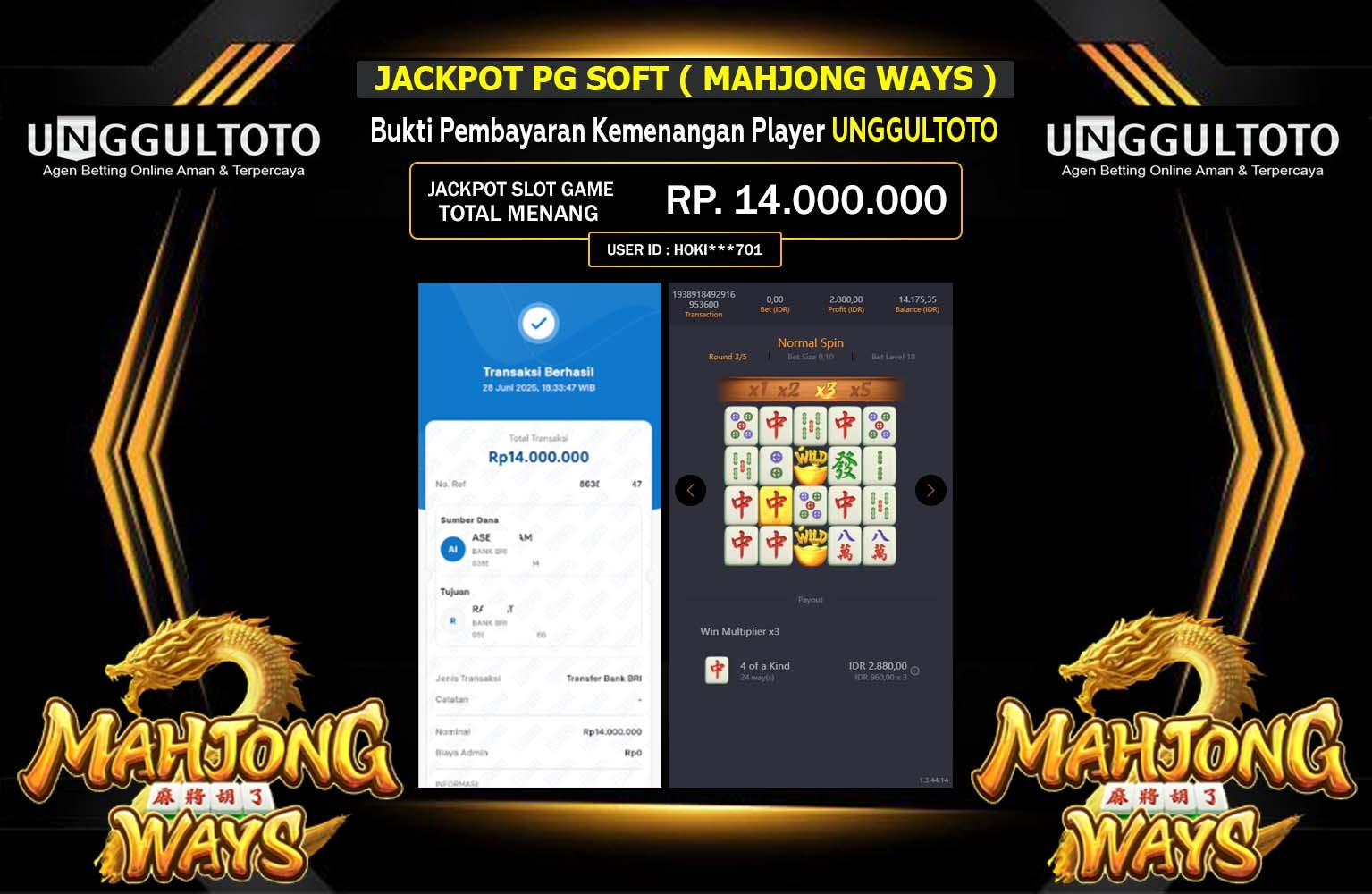 UNGGULTOTO JACKPOT PG SOFT MAHJONG WAYS  Rp.14.000.000,- LUNAS