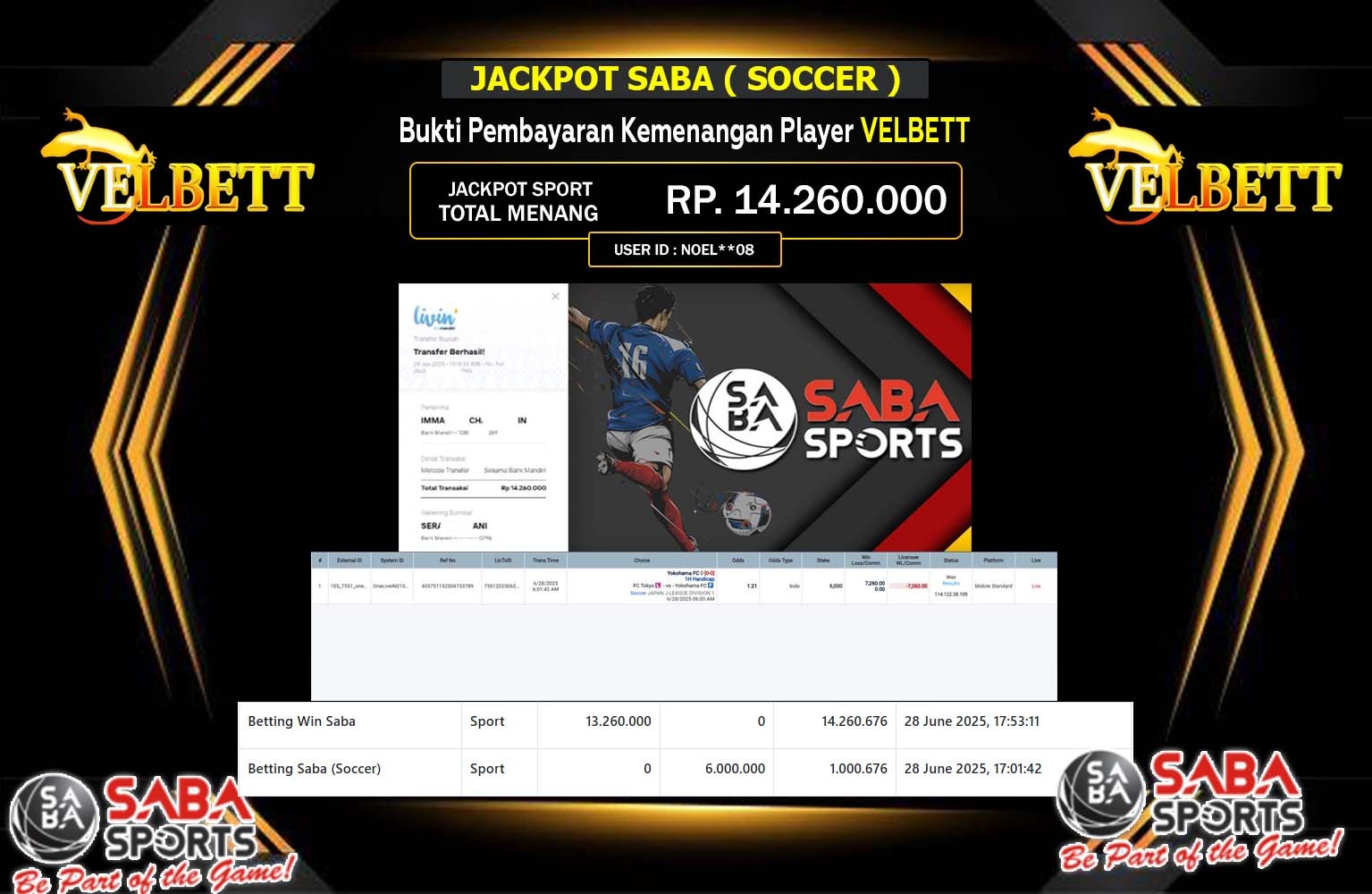 VELBETT JACKPOT Saba (Soccer)  Rp.14.260.000,- LUNAS