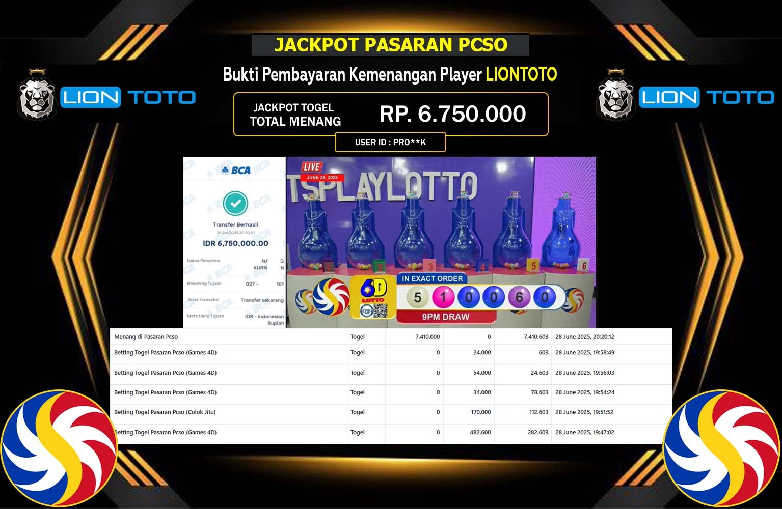 LIONTOTO JACKPOT PASARAN PCSO  Rp.6.750.000,- LUNAS