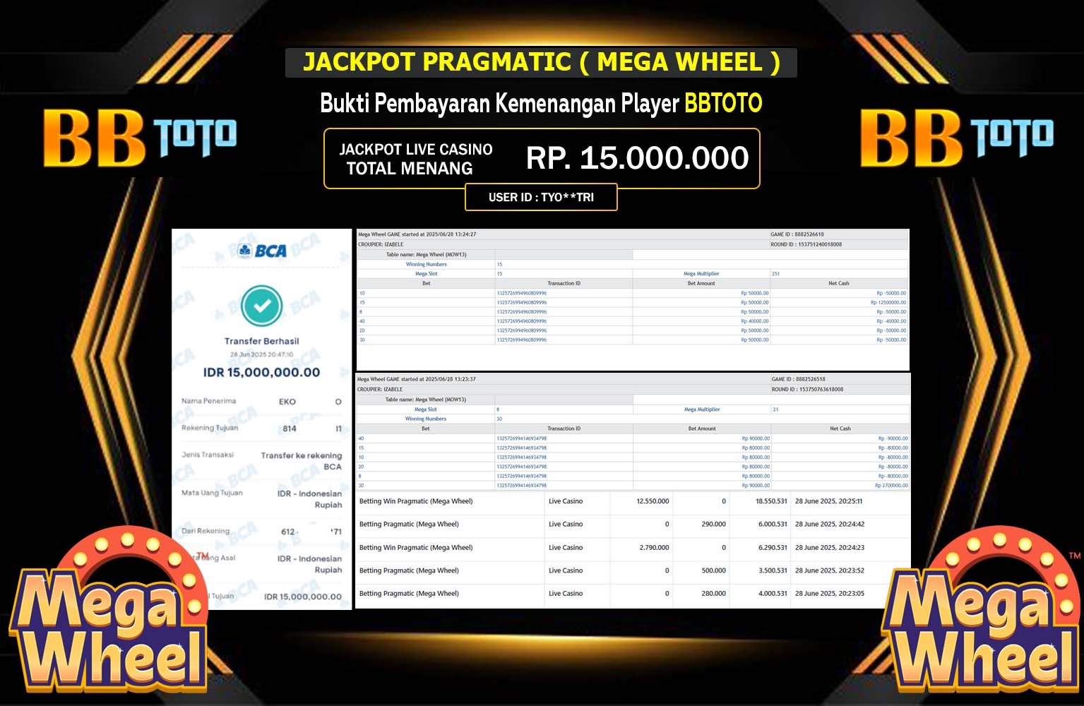 BBTOTO JACKPOT PRAGMATIC MEGA WHEEL  Rp.15.000.000,- LUNAS