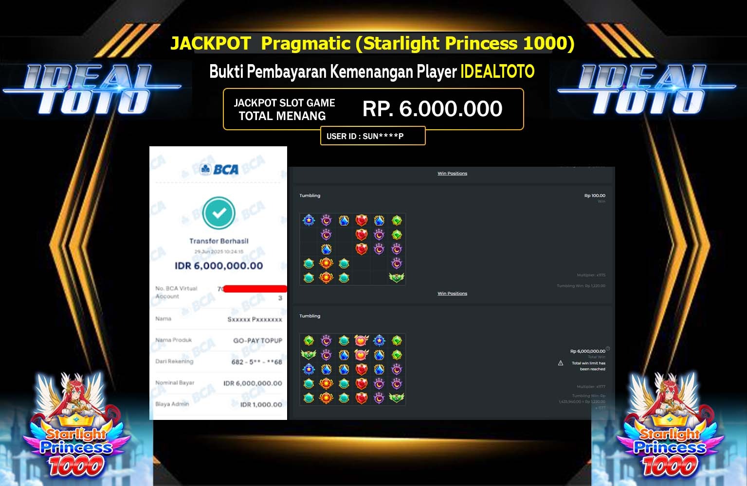 IDEALTOTO JACKPOT Pragmatic (Starlight Princess 1000) Rp.6.000.000,- LUNAS