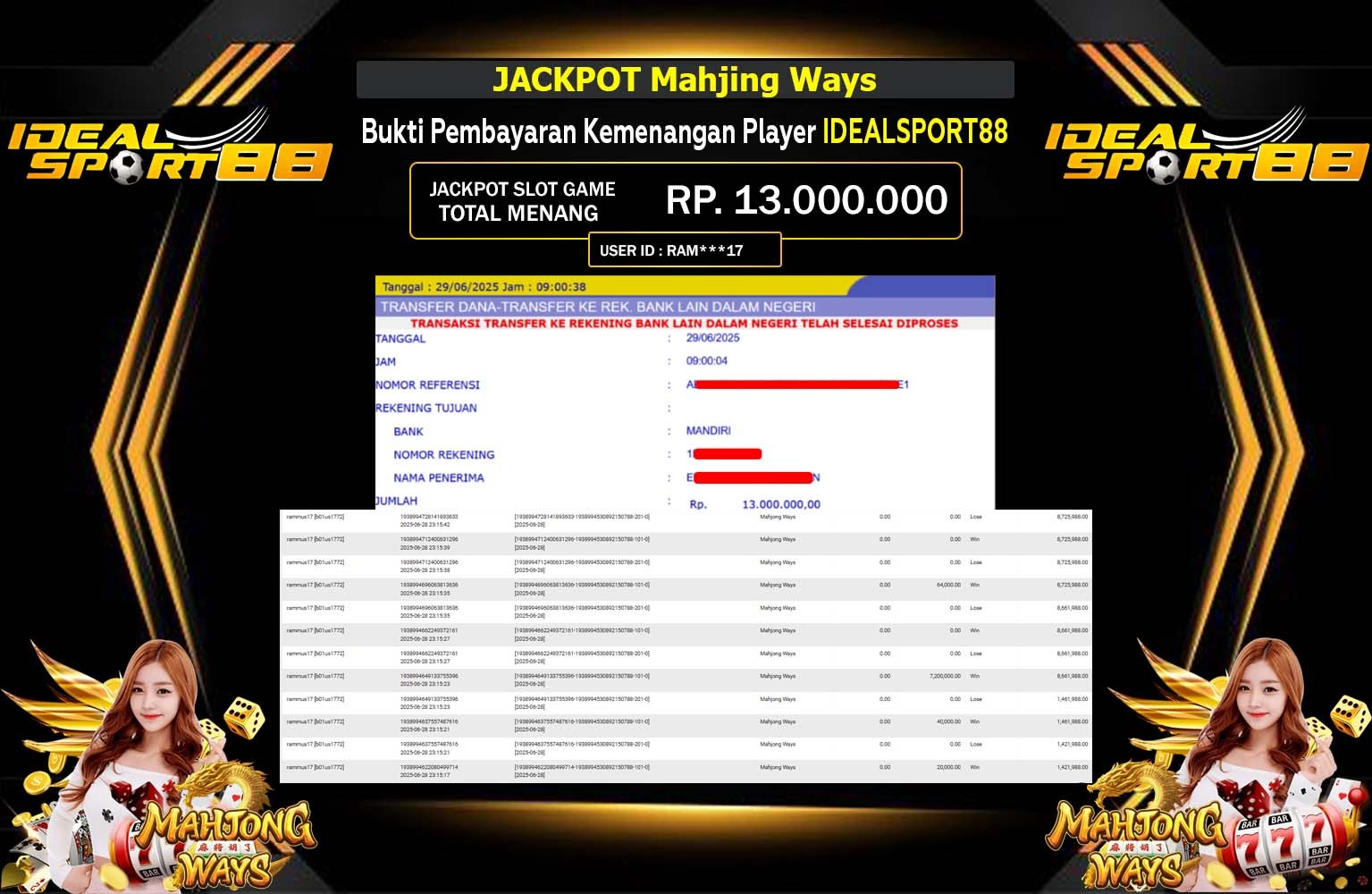 IDEALSPORT88 JACKPOT PG SOFT MAHJONG WAYS Rp.13.000.000,- LUNAS