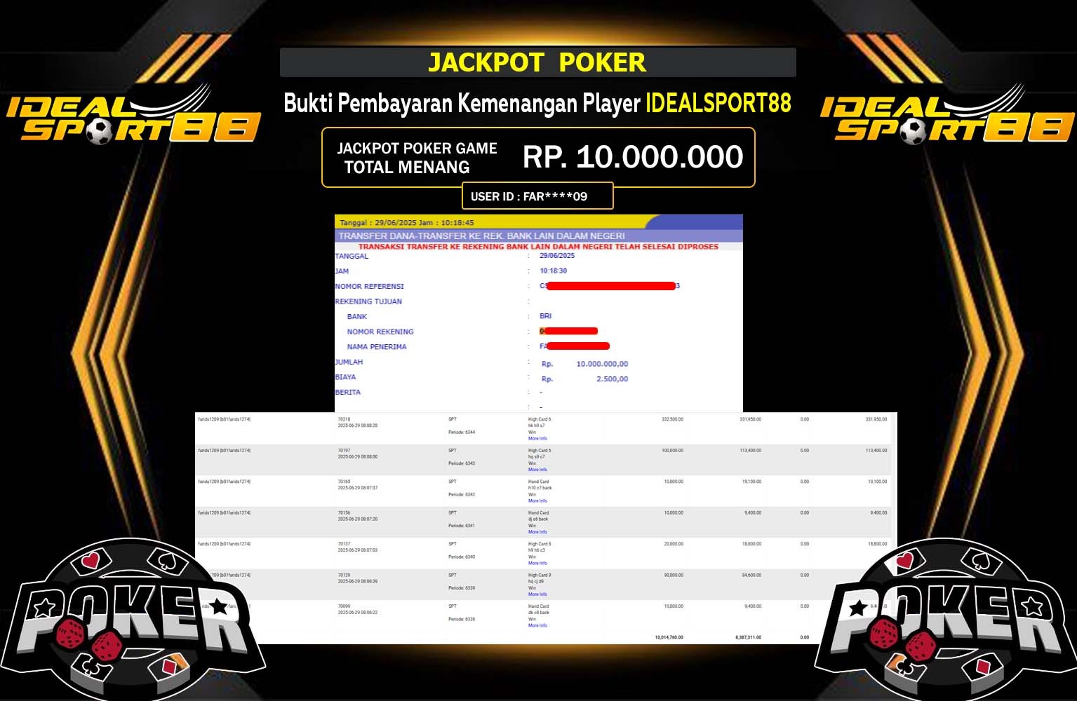 IDEALSPORT88 JACKPOT POKER Rp.10.000.000,- LUNAS