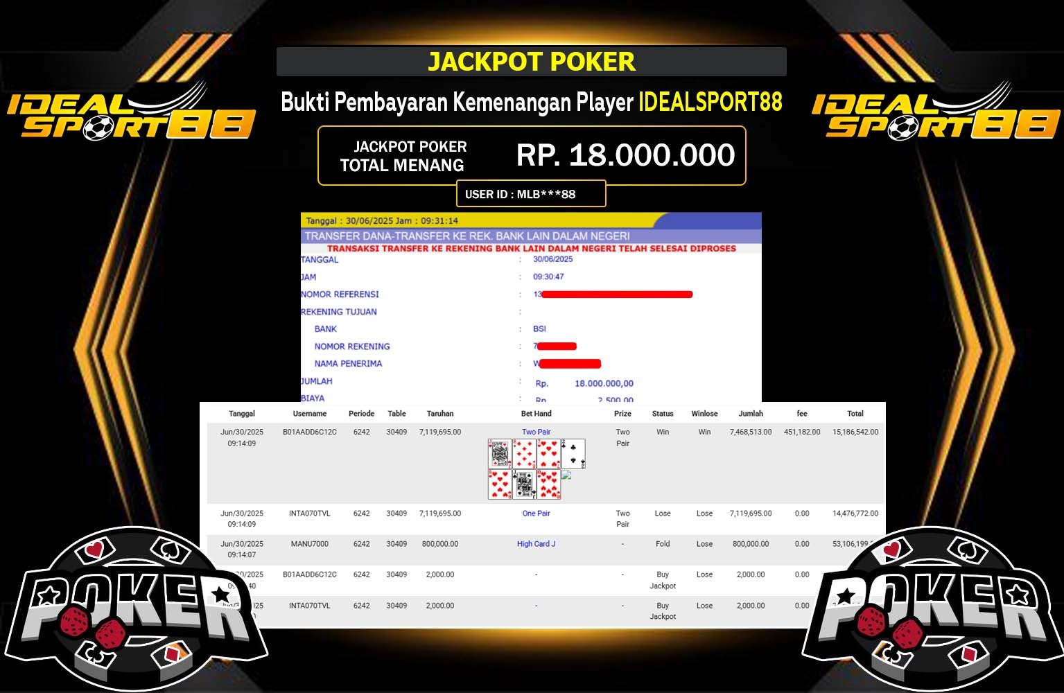 IDEALSPORT88 JACKPOT POKER Rp.18.000.000,- LUNAS