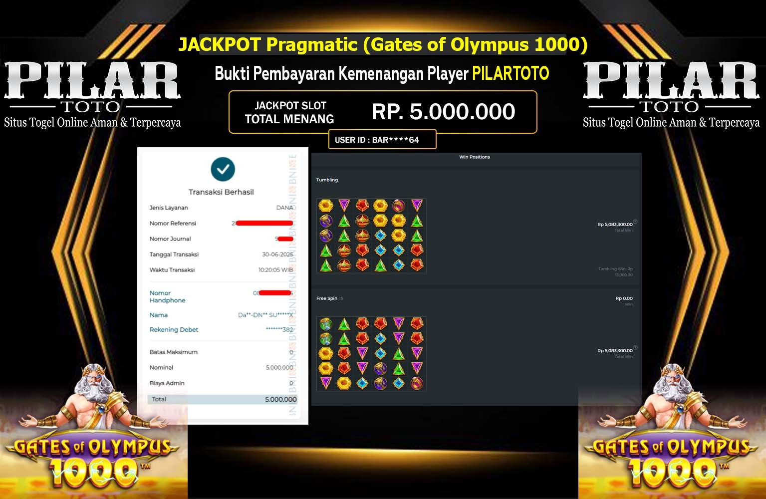 PILARTOTO JACKPOT Pragmatic (Gates of Olympus 1000)  Rp.5.000.000,- LUNAS