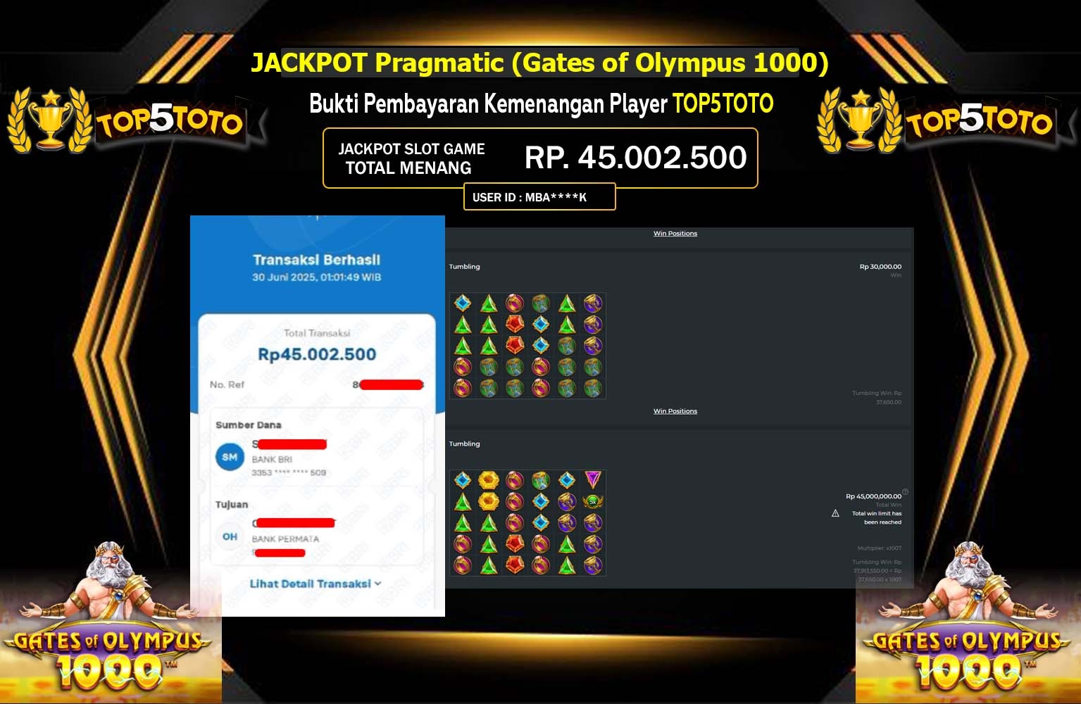 TOP5TOTO JACKPOT Pragmatic (Gates of Olympus 1000) Rp.45.002.500,- LUNAS