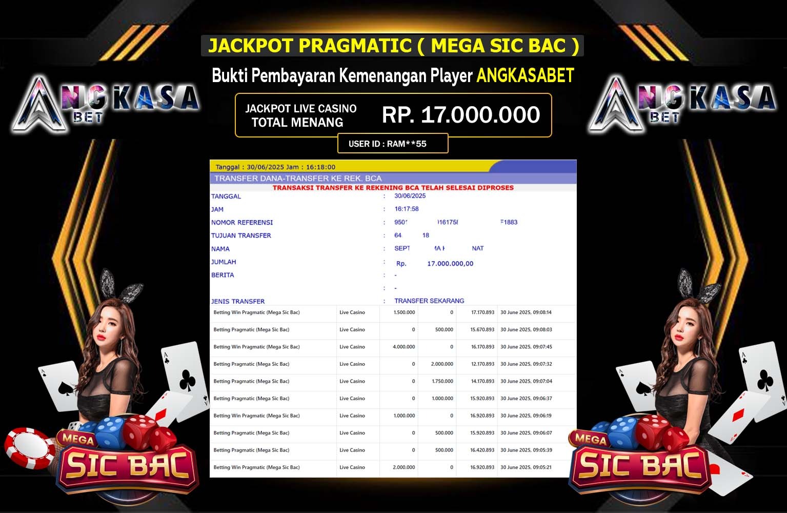 ANGKASABET JACKPOT LIVE CASINO MEGA SIC BAC Rp.17.000.000,- LUNAS