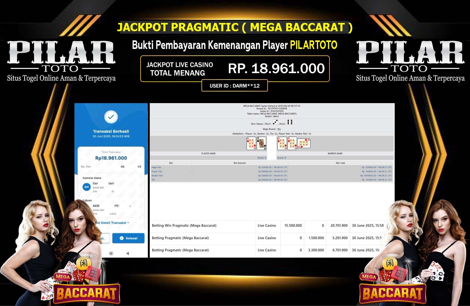 PILARTOTO JACKPOT LIVE CASINO MEGA BACCARAT Rp.18.961.000,- LUNAS