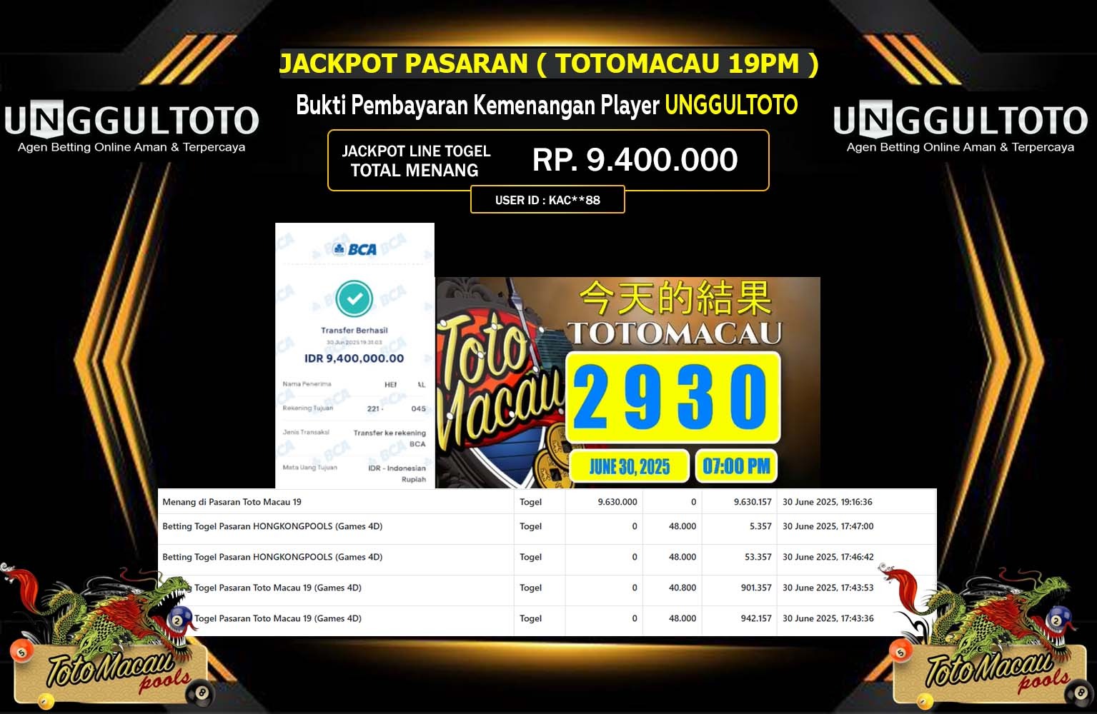 UNGGULTOTO JACKPOT TOGEL PASARAN TOTOMACAU 19PM Rp.9.400.000,- LUNAS